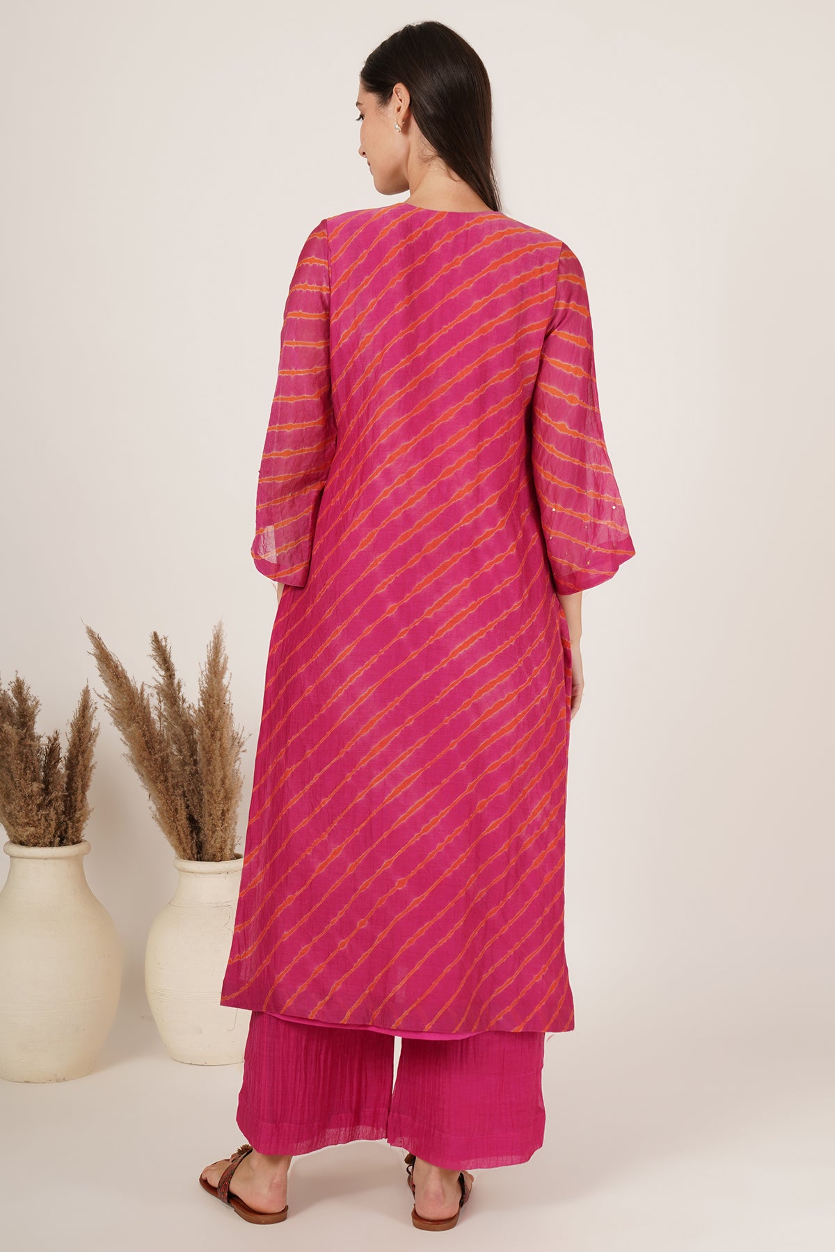 Pink Orange Lehariya chanderi kurta set of 3
