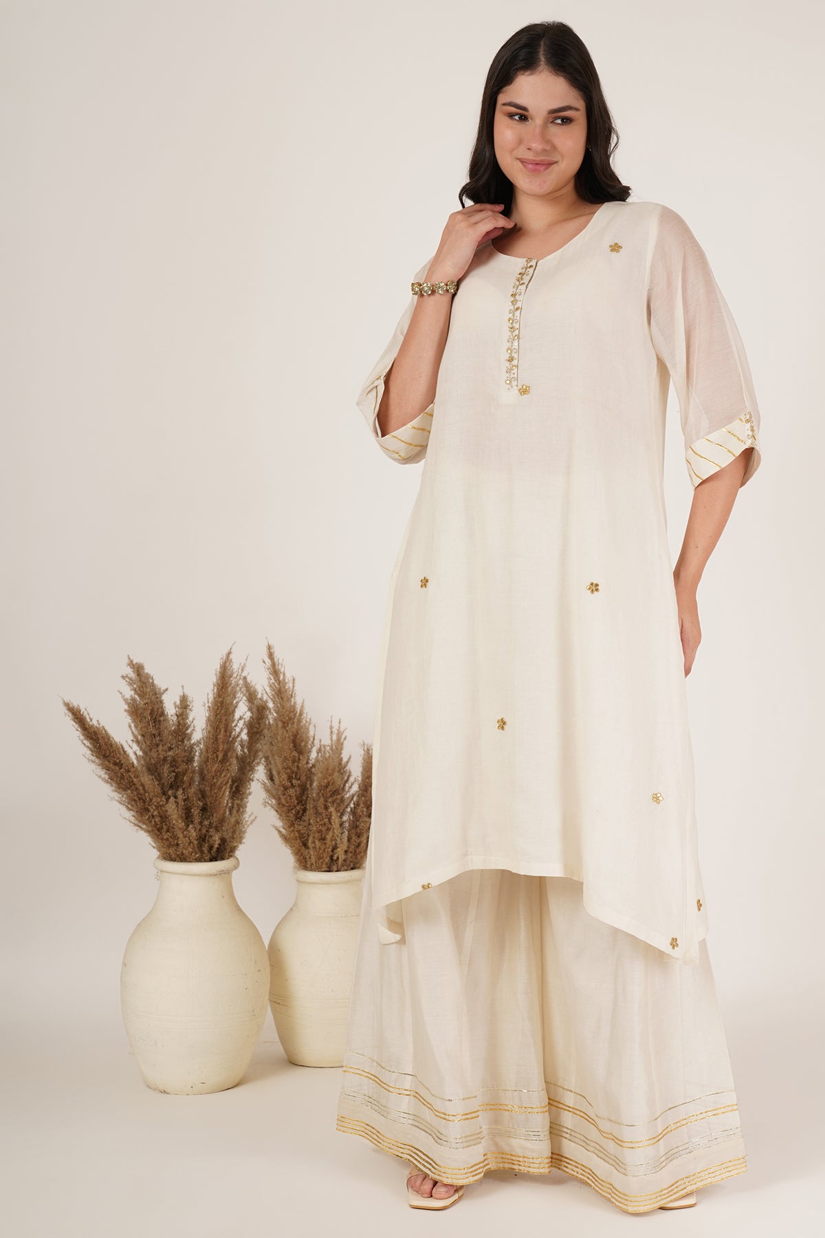White chanderi tunic,sharara Set of 3