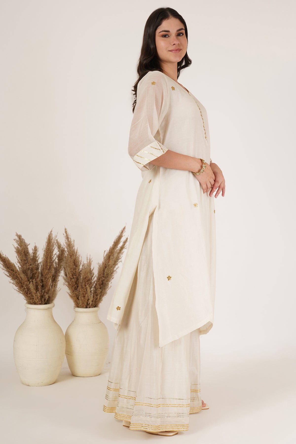 White chanderi tunic,sharara Set of 3