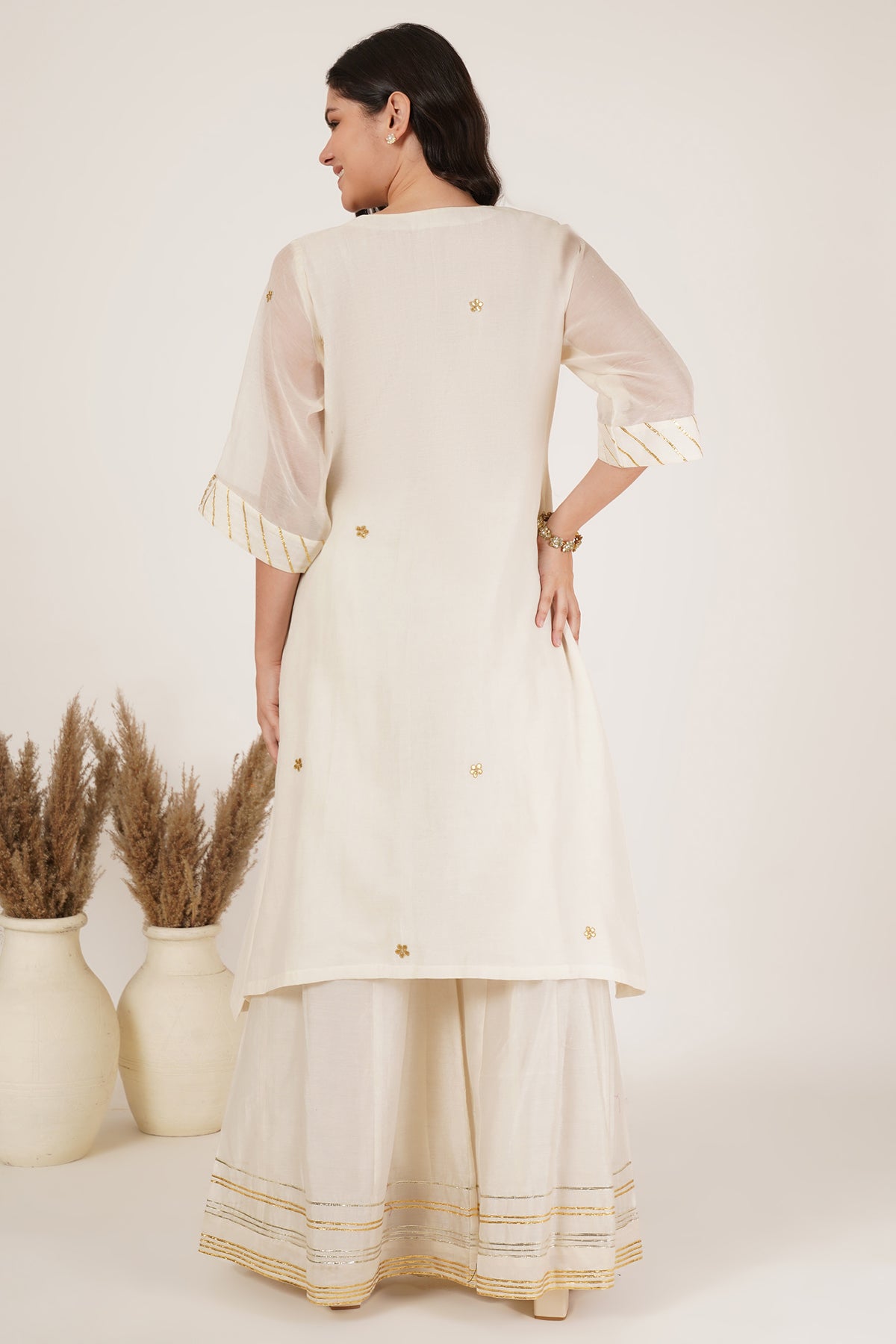 White chanderi tunic,sharara Set of 3