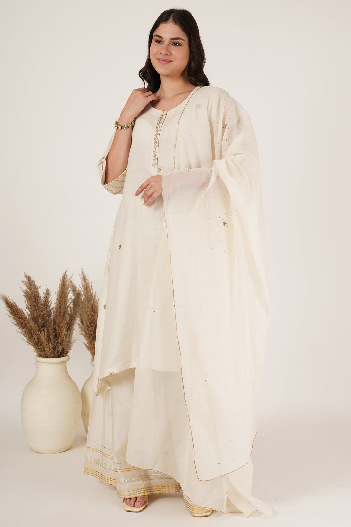 White chanderi tunic,sharara Set of 3
