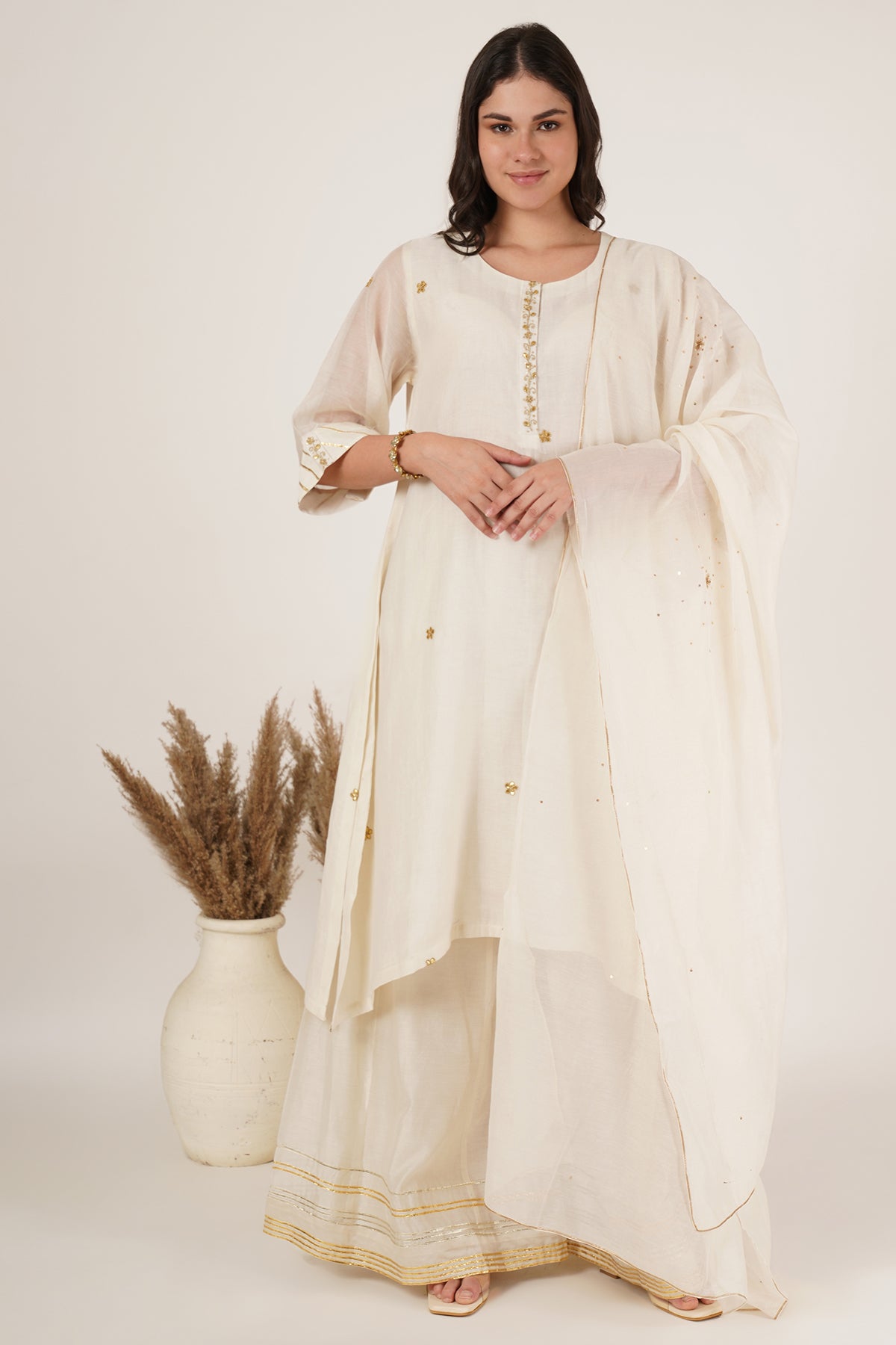 White chanderi tunic,sharara Set of 3