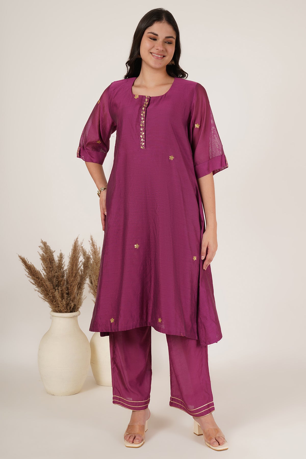 Purple tunic chanderi kurta set of 3
