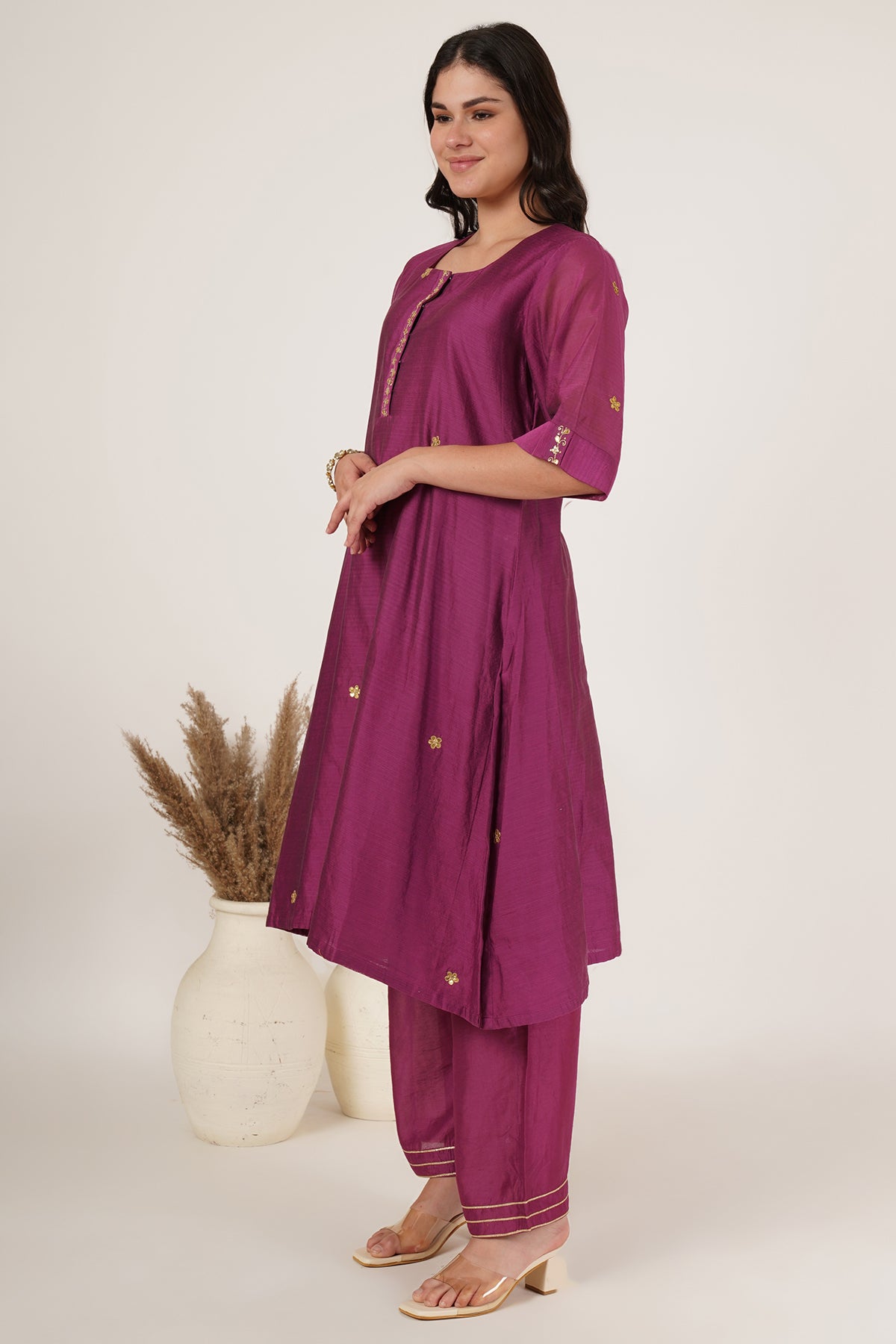 Purple tunic chanderi kurta set of 3