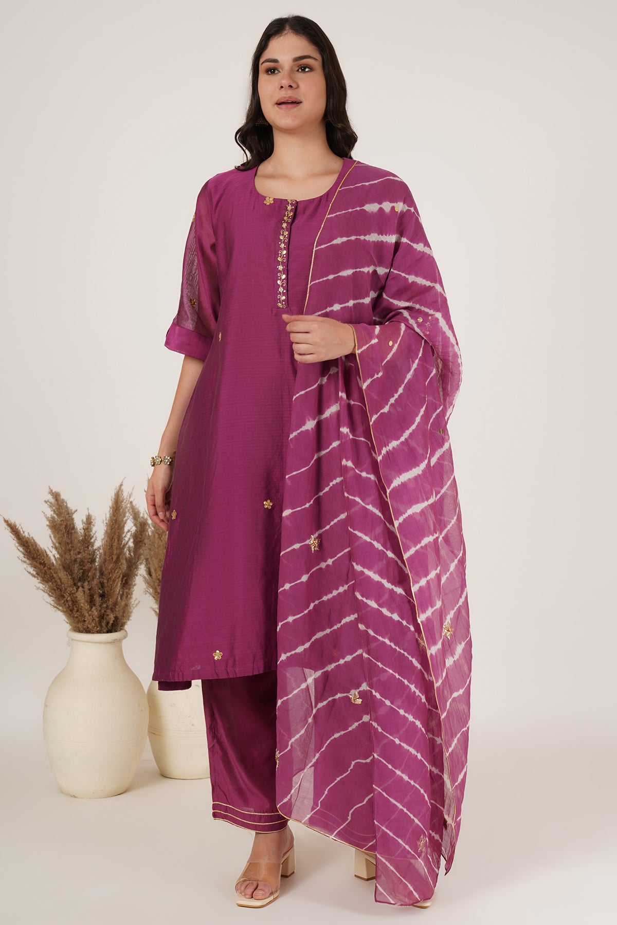 Purple tunic chanderi kurta set of 3