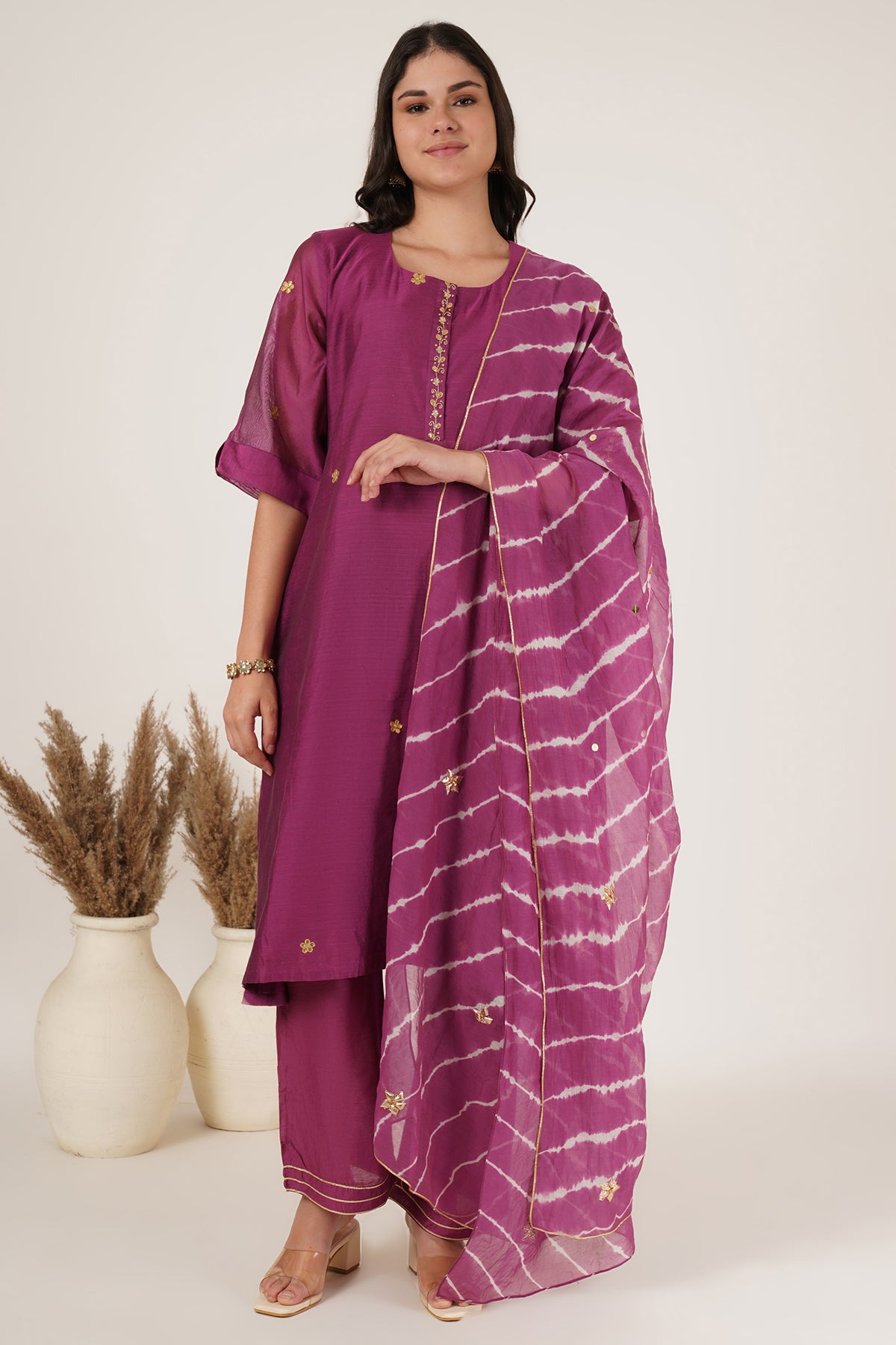 Purple tunic chanderi kurta set of 3