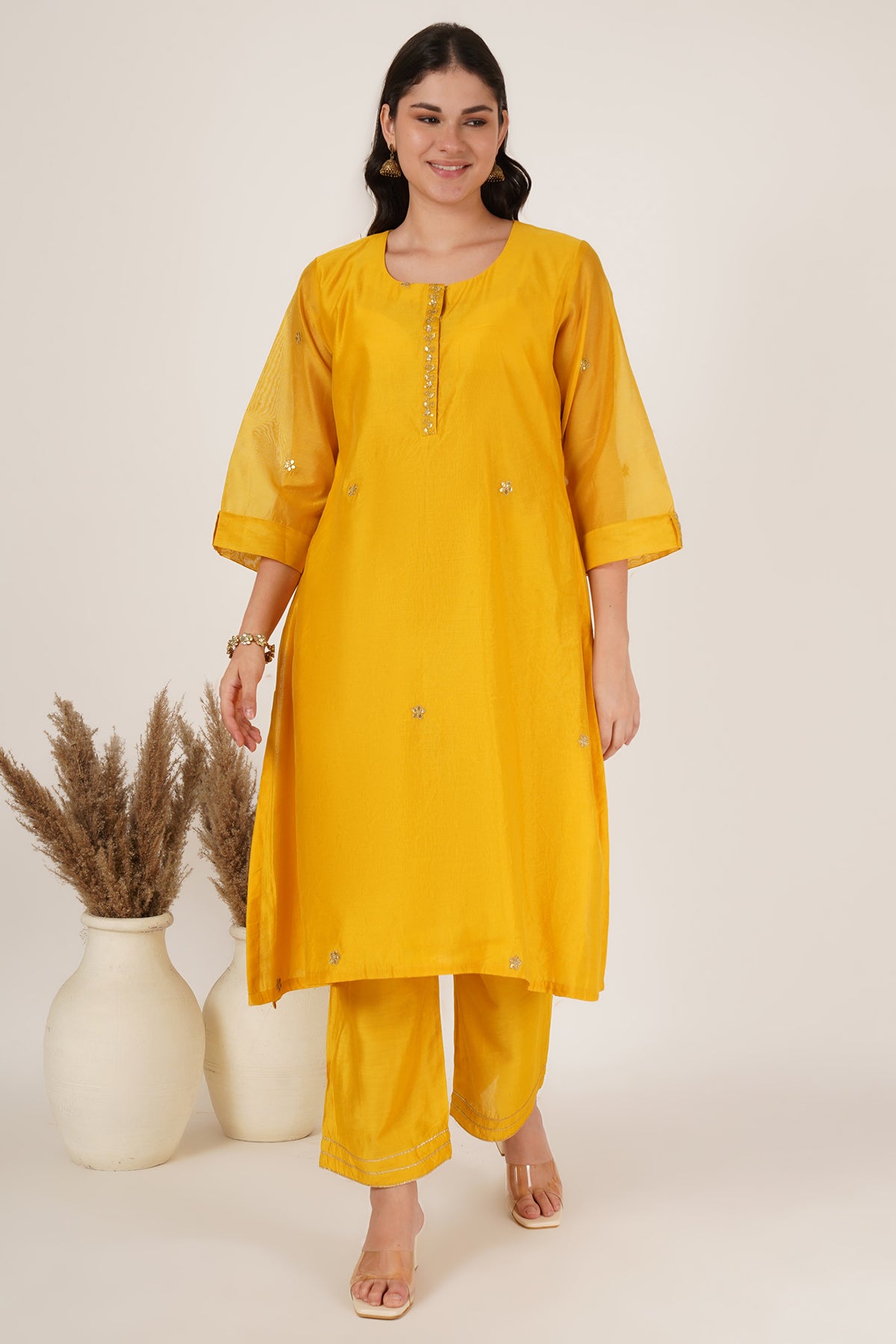 Yellow tunic chanderi set of 3