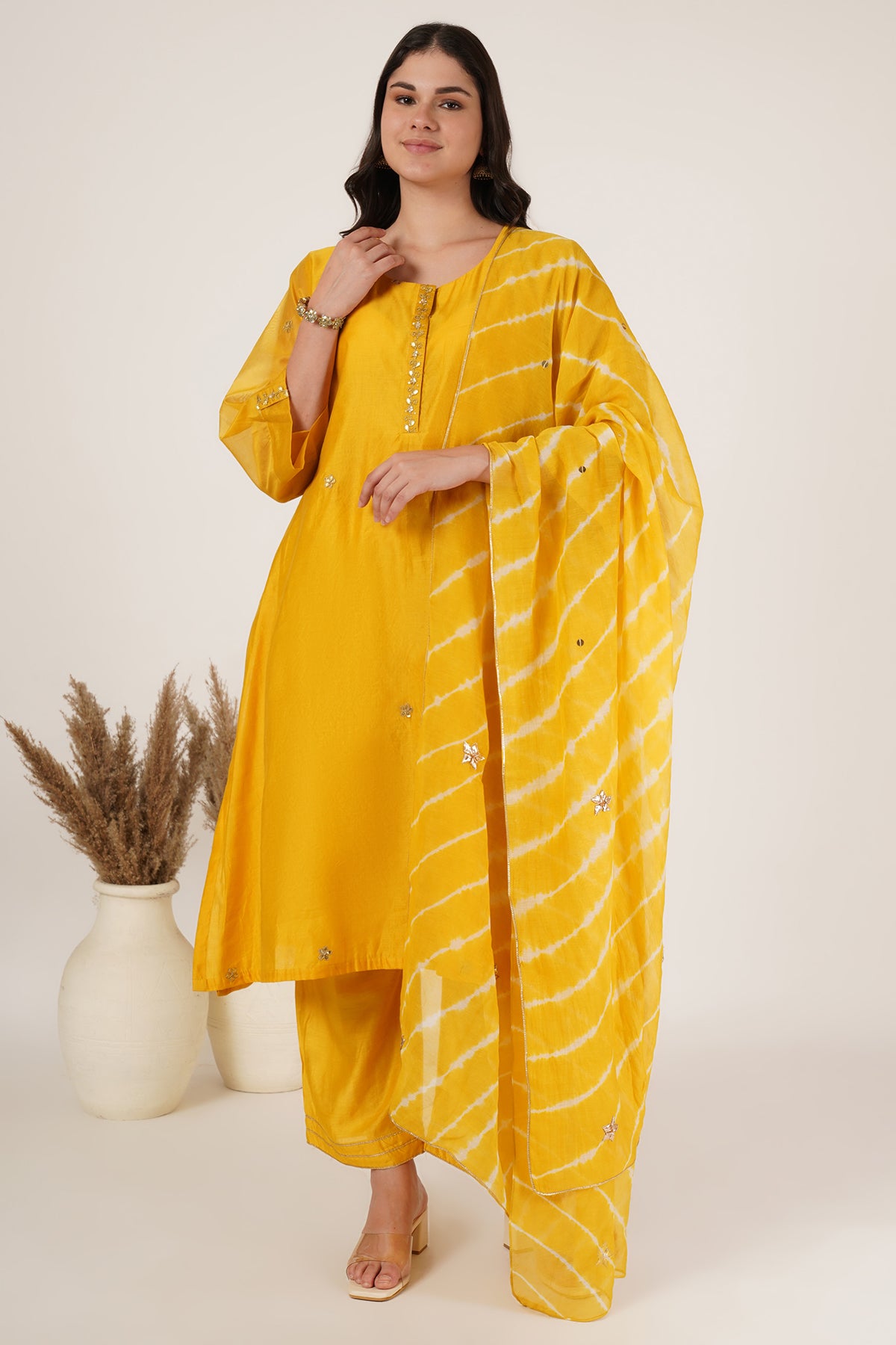 Yellow tunic chanderi set of 3