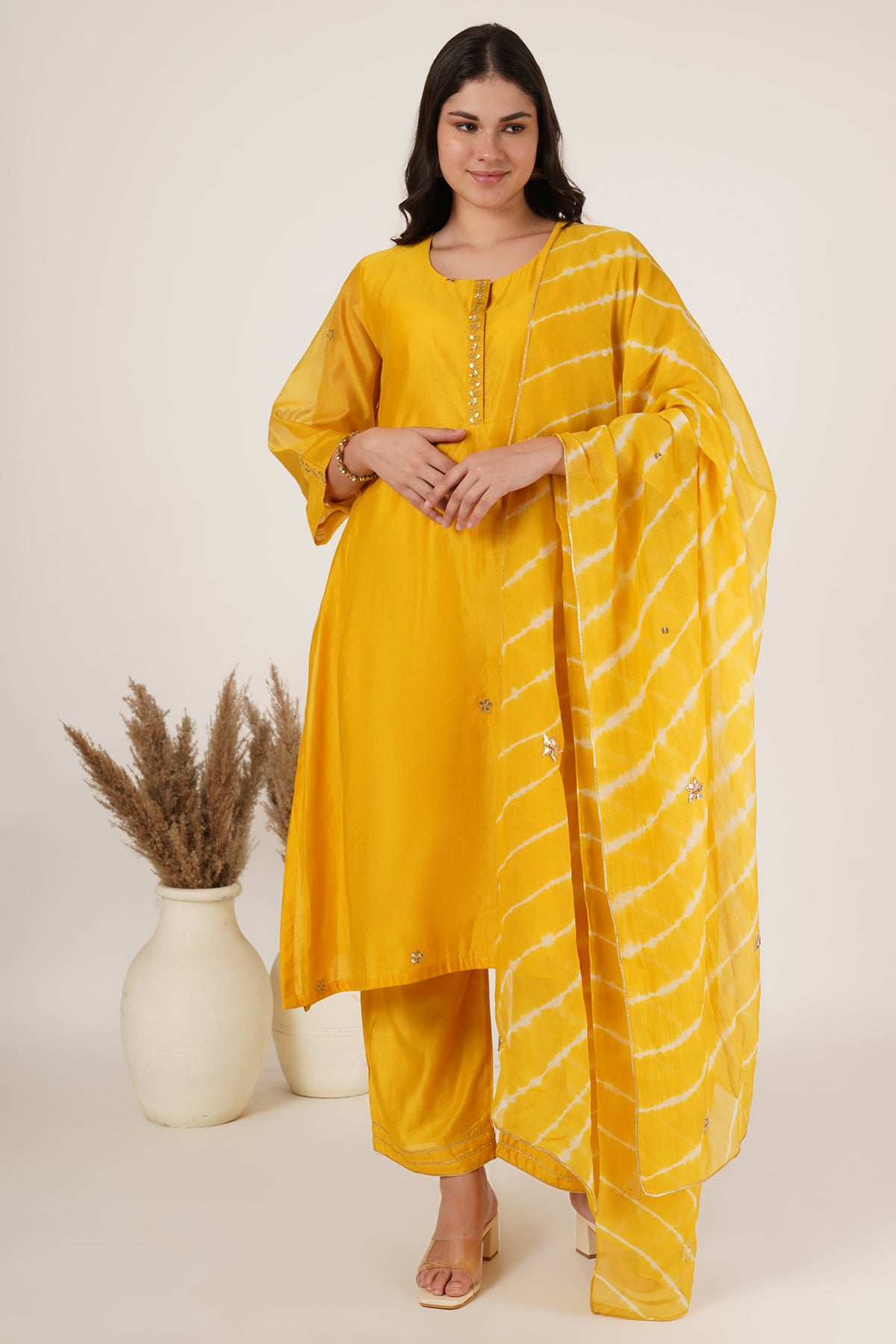 Yellow tunic chanderi set of 3