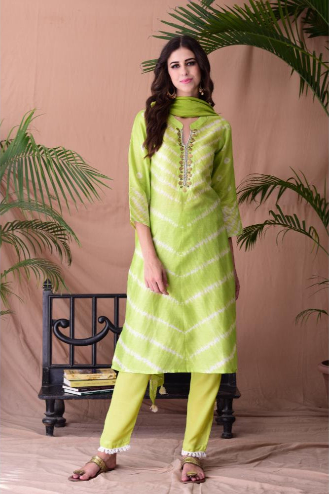 Lime Green Shibori Dyed Kurta Set