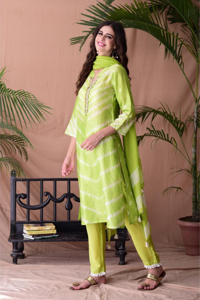 Lime Green Shibori Dyed Kurta Set