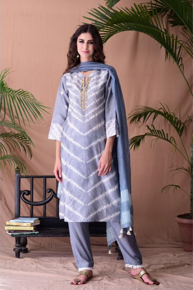 Grey Shibori Dyed Kurta Set of 3
