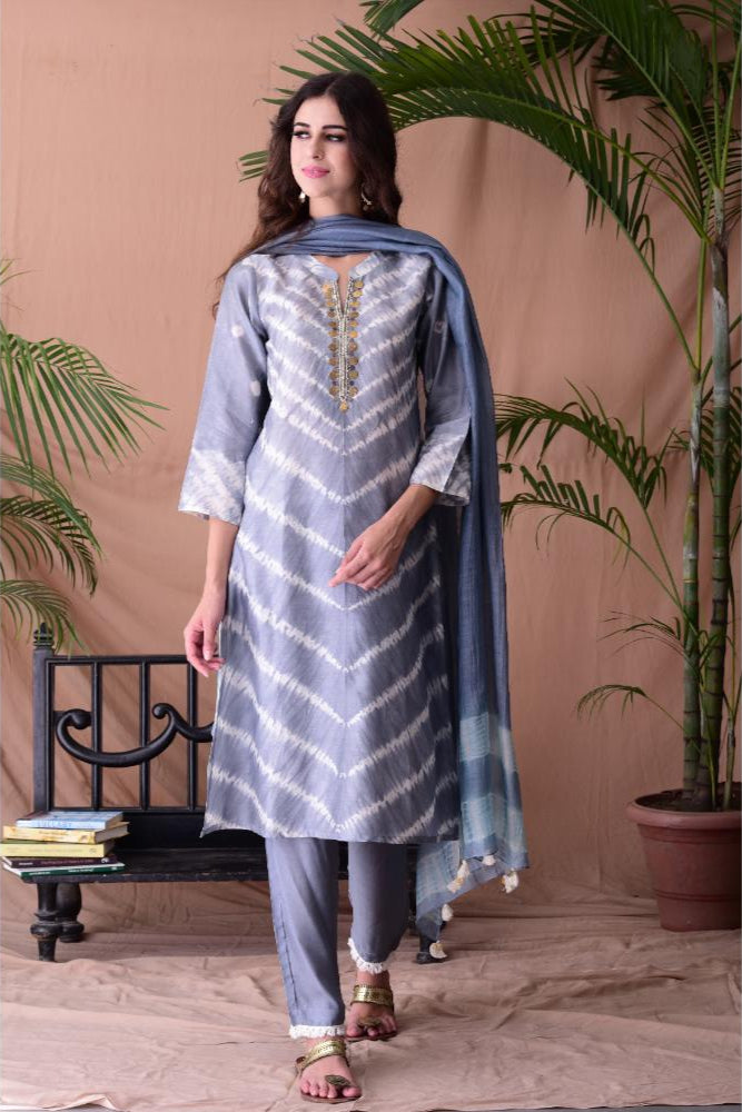 Grey Shibori Dyed Kurta Set of 3