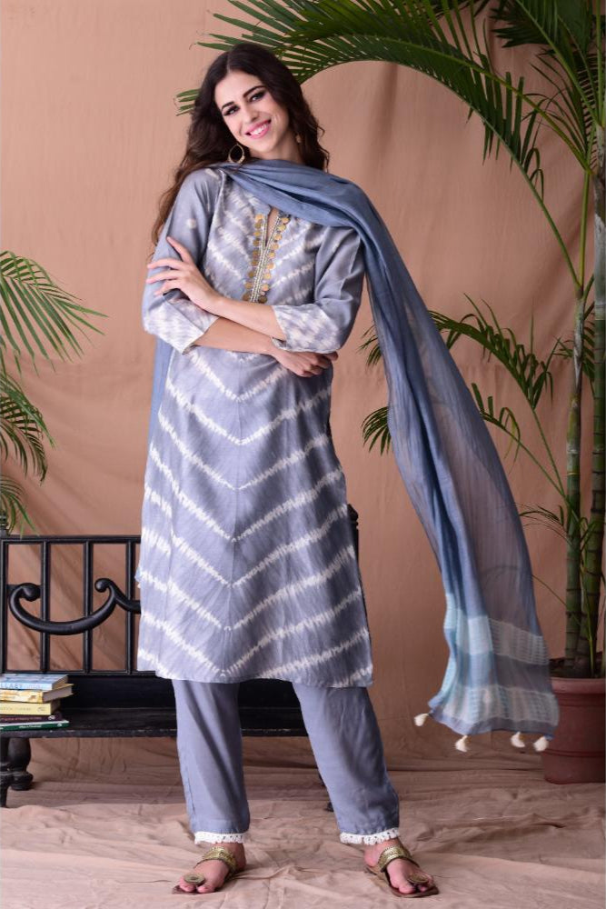 Grey Shibori Dyed Kurta Set of 3