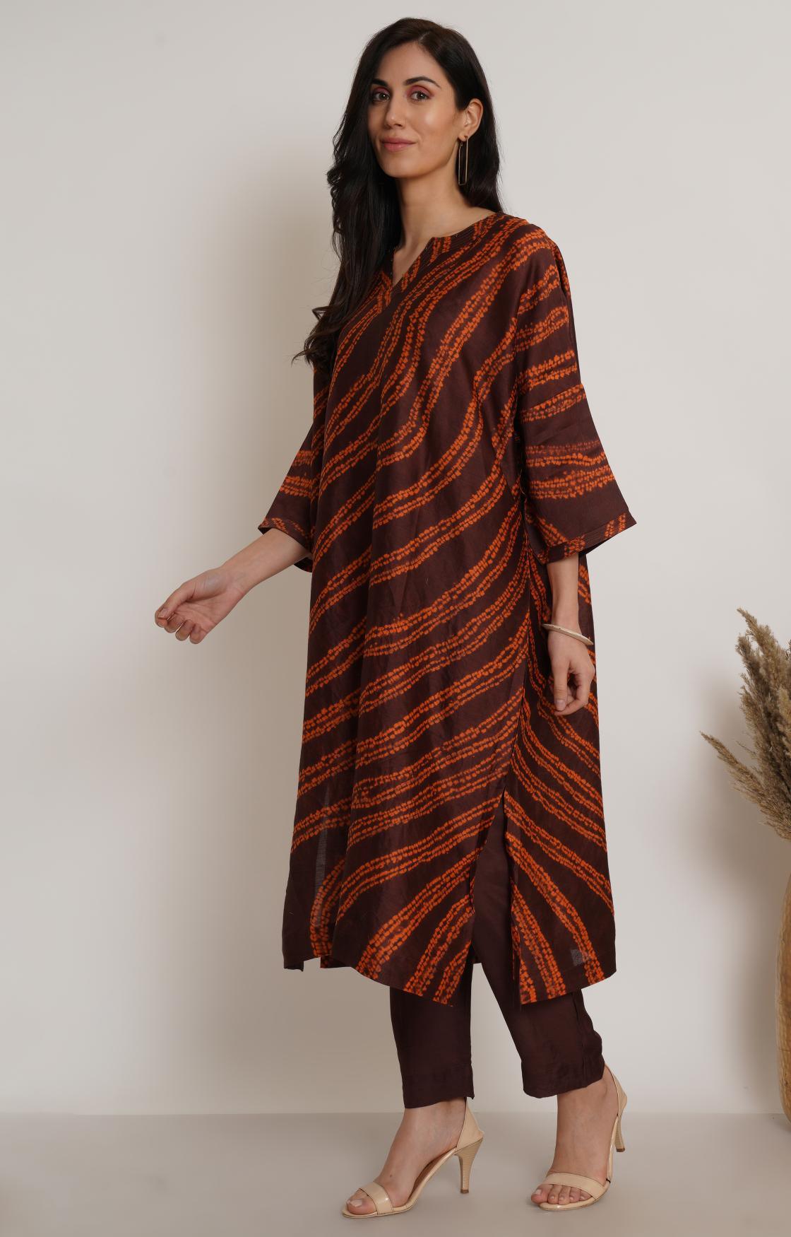 Brown Orange Shibori Kaftan Kurta Set
