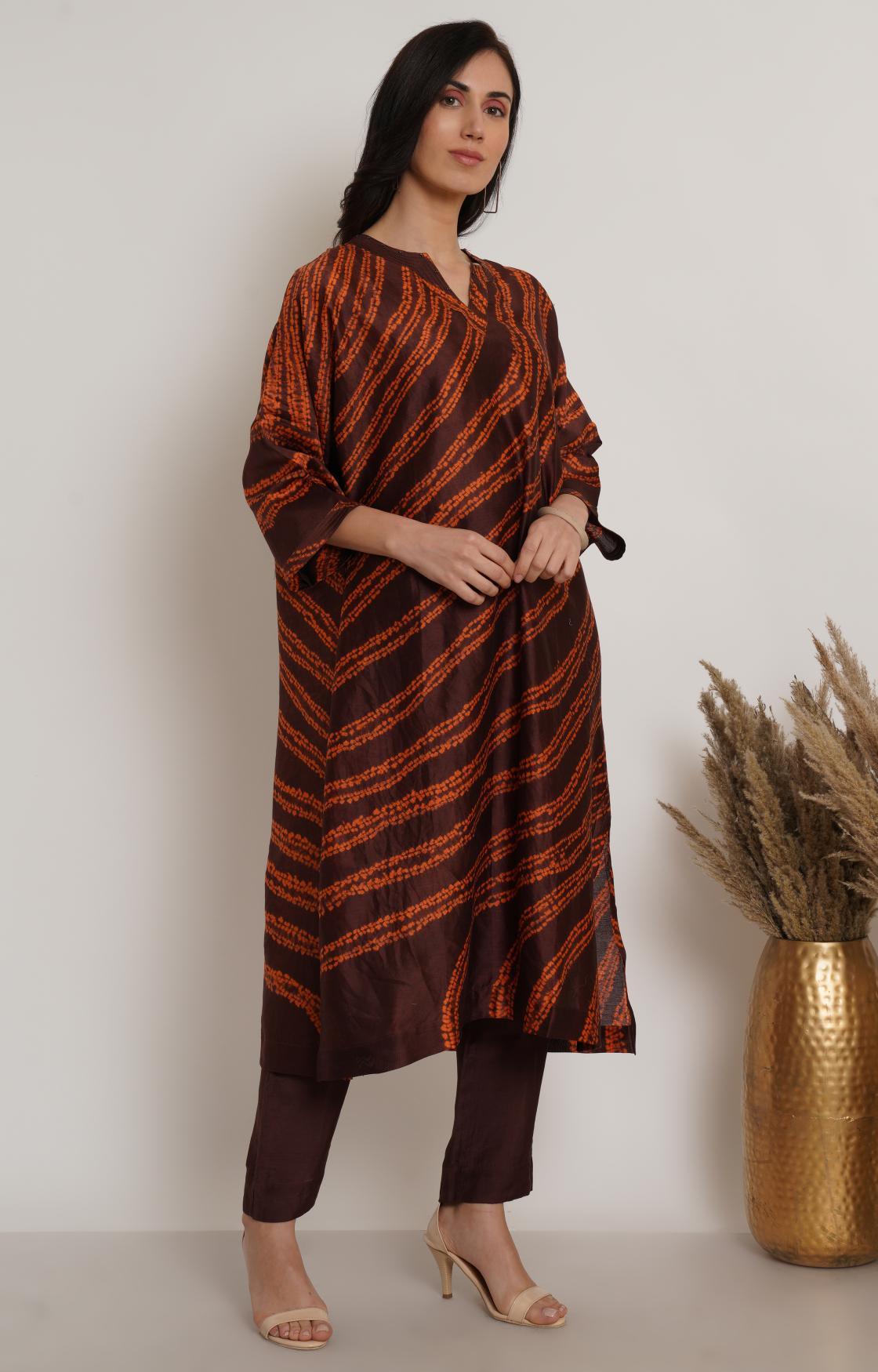 Brown Orange Shibori Kaftan Kurta Set