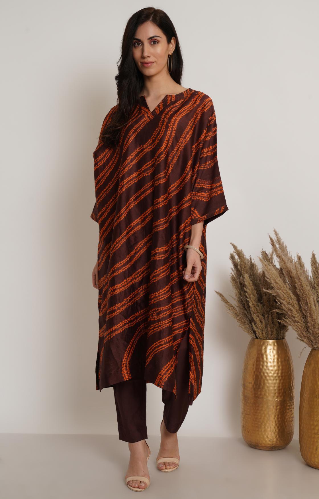 Brown Orange Shibori Kaftan Kurta Set