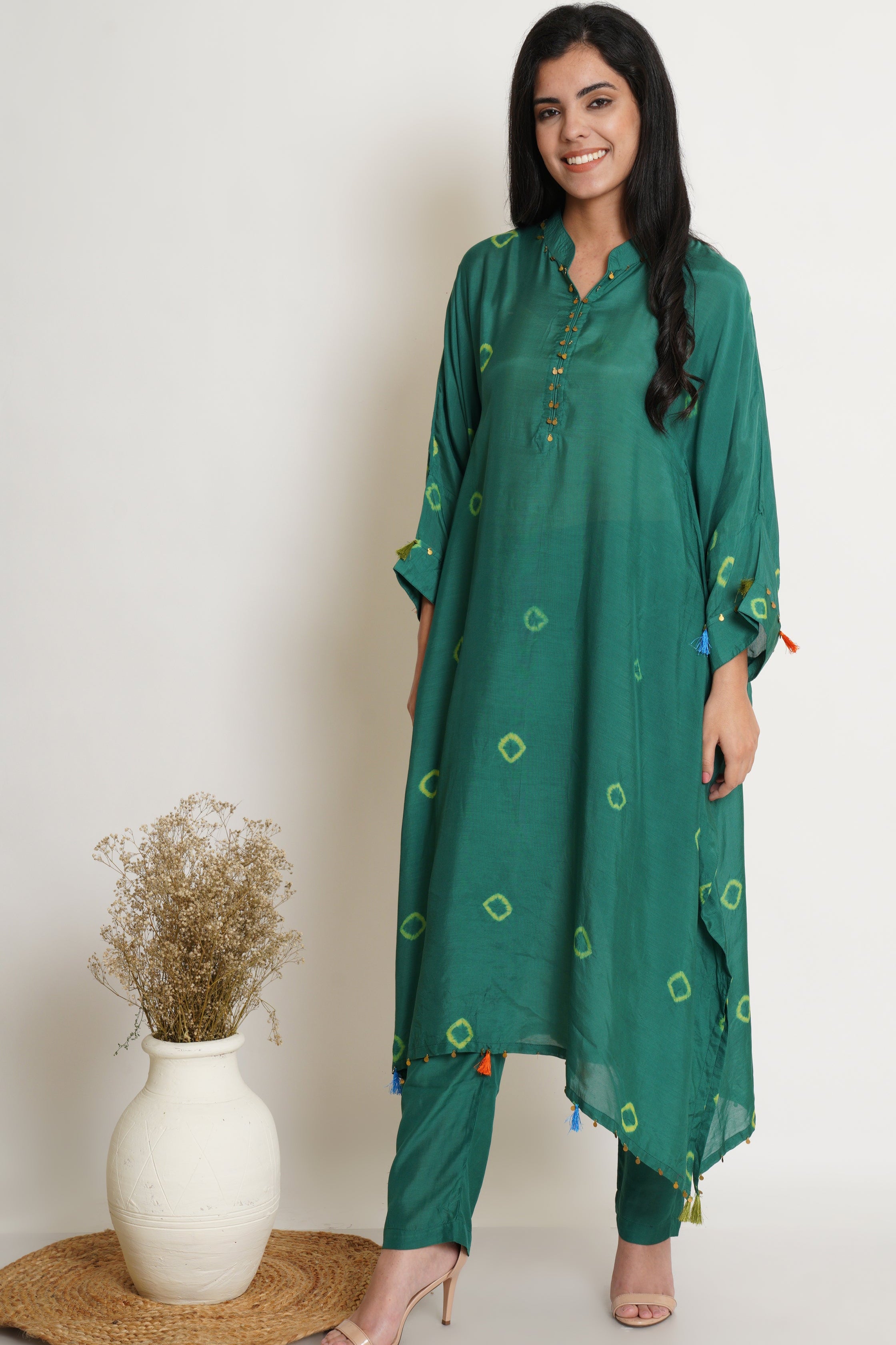 Green Muslin Bandhani Kaftan Set Of 2