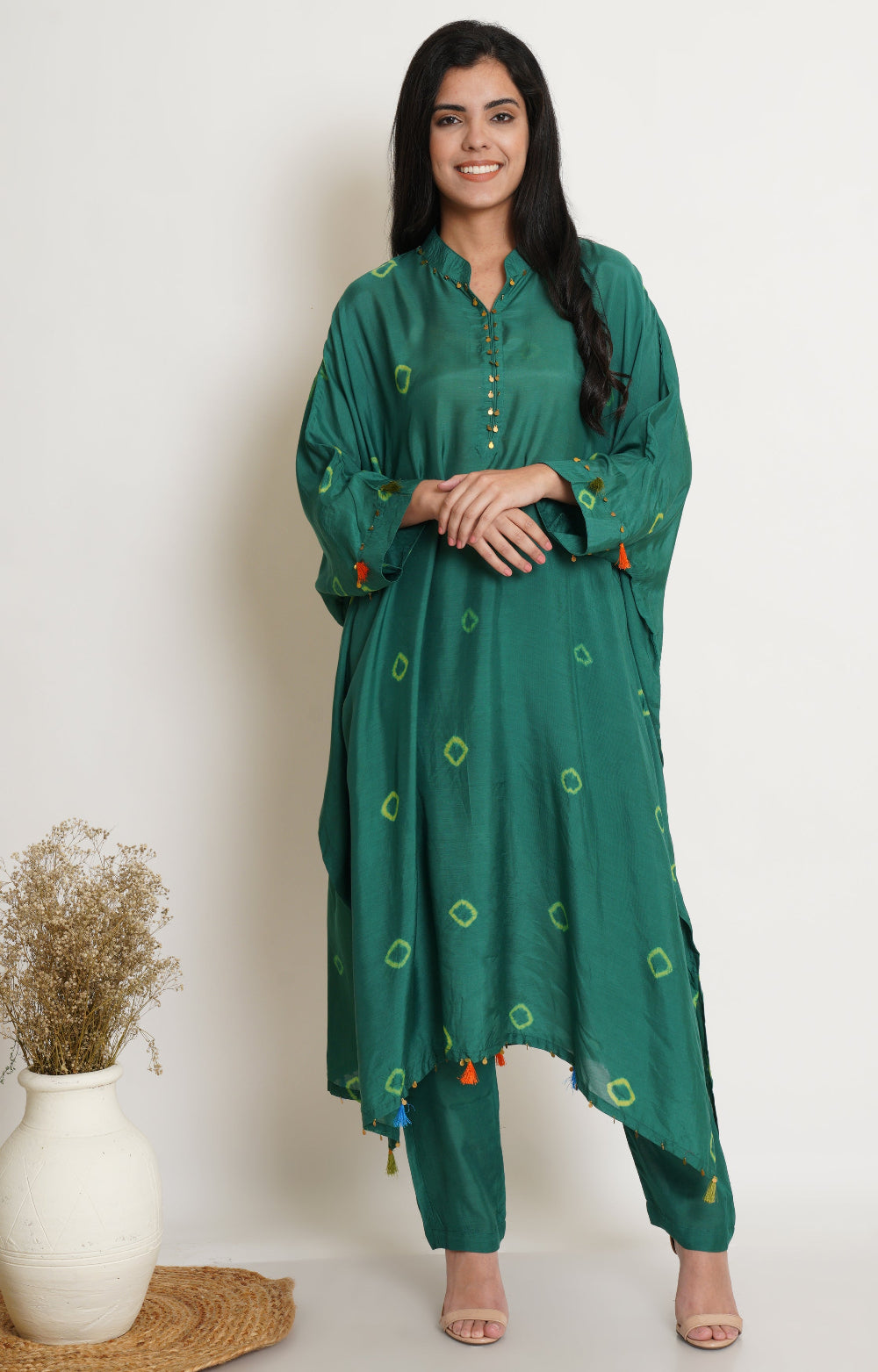 Green Muslin Bandhani Kaftan Set Of 2