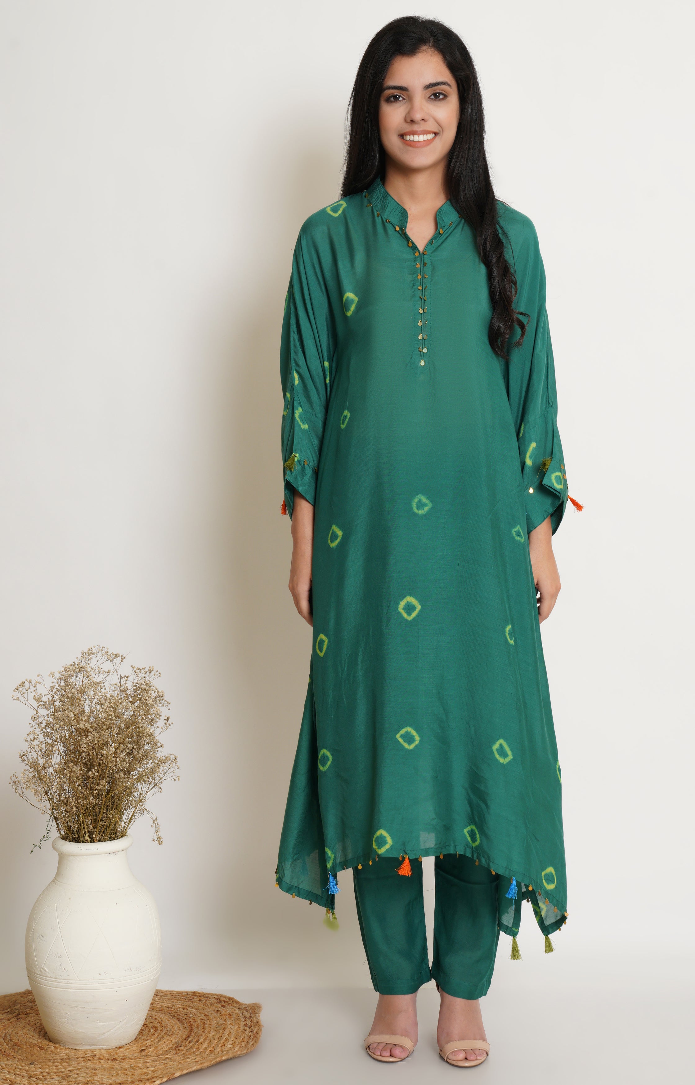 Green Muslin Bandhani Kaftan Set Of 2