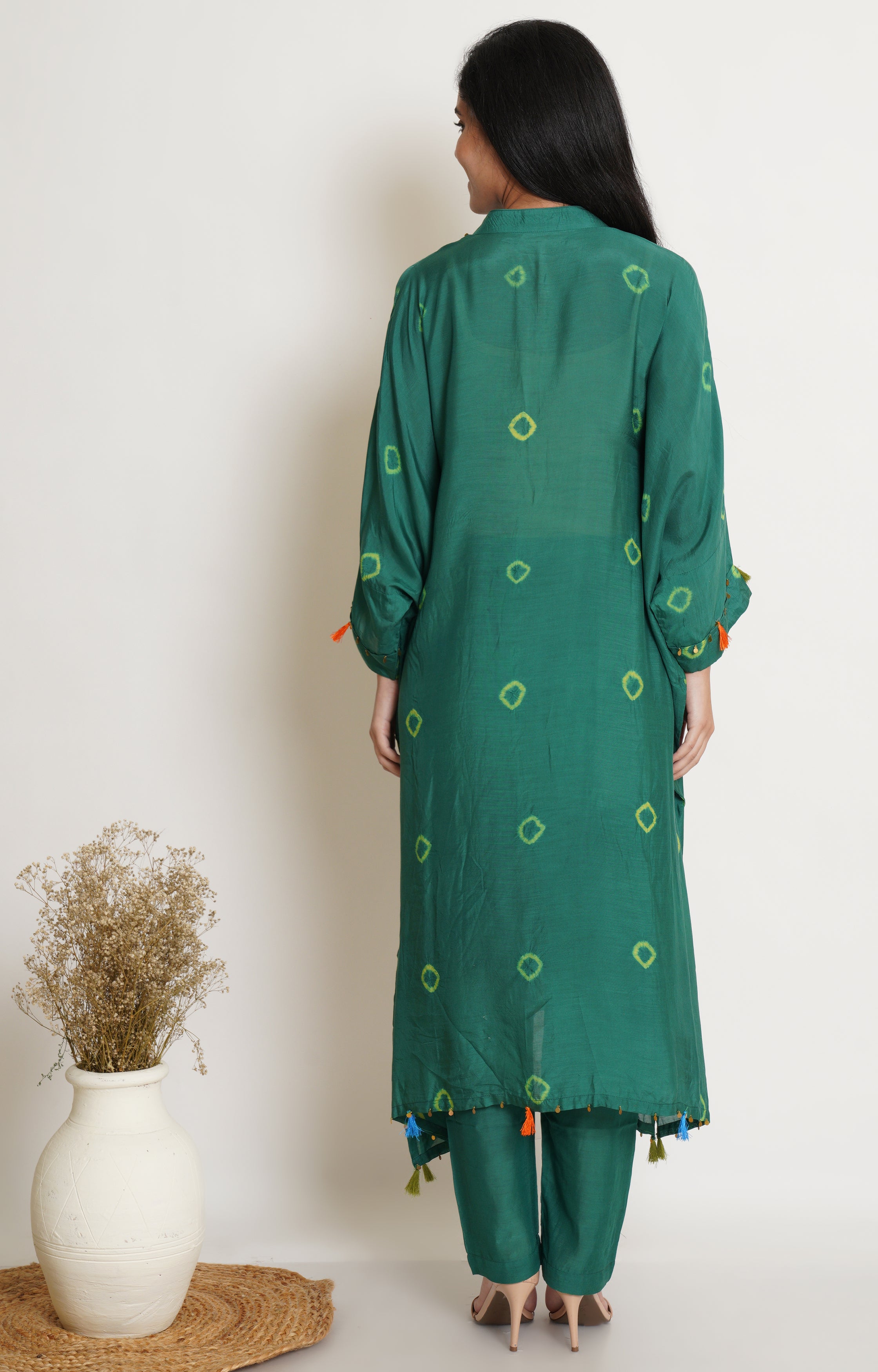 Green Muslin Bandhani Kaftan Set Of 2
