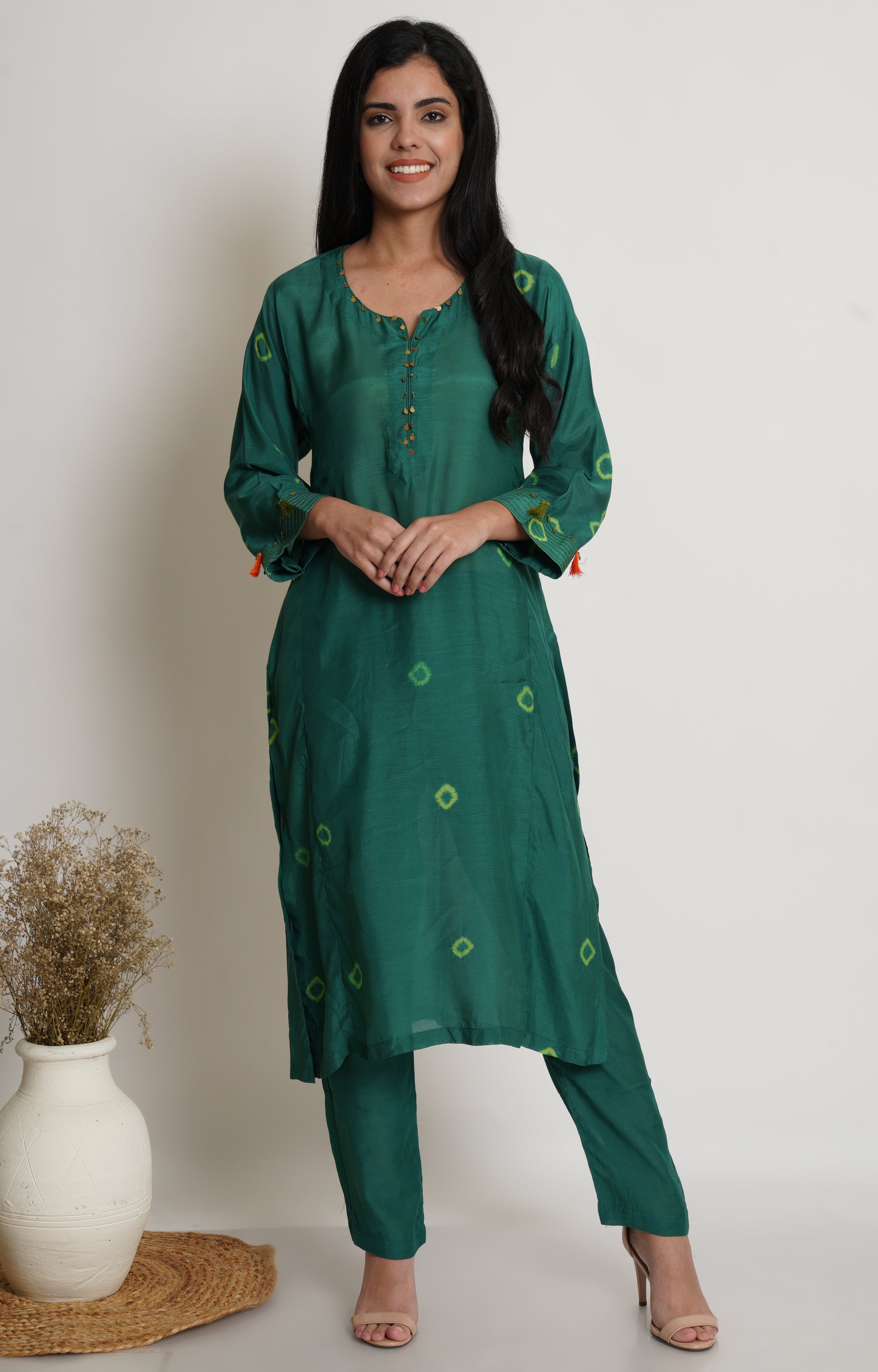 Green Muslin Bandhani Kurta Set Of 2