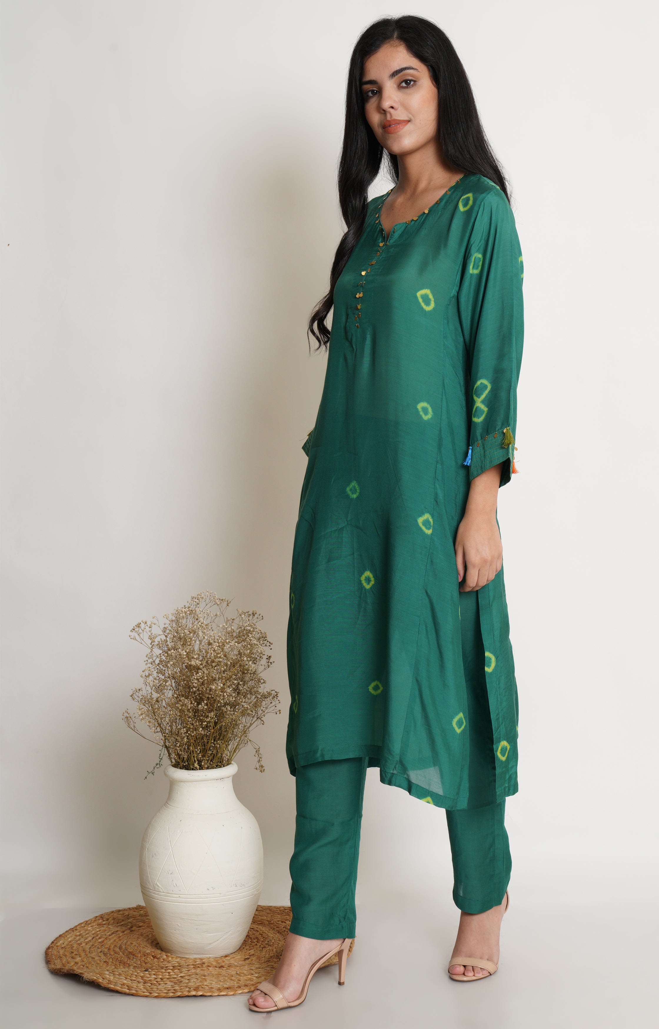 Green Muslin Bandhani Kurta Set Of 2