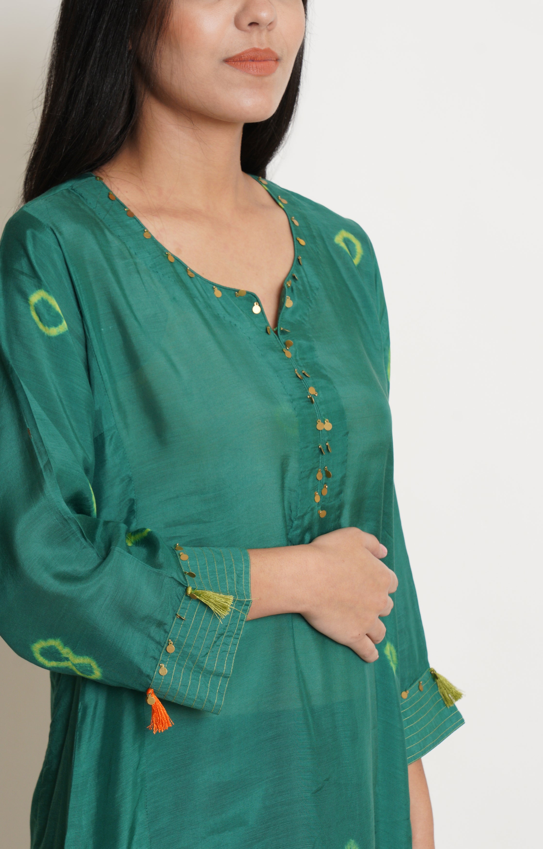 Green Muslin Bandhani Kurta Set Of 2