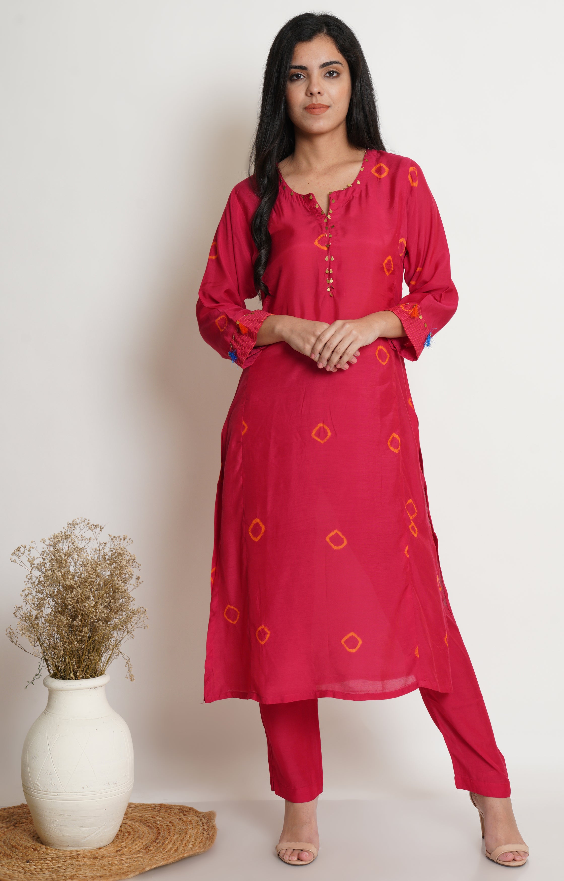 Pink Muslin Bandhani Kurta Set Of 2