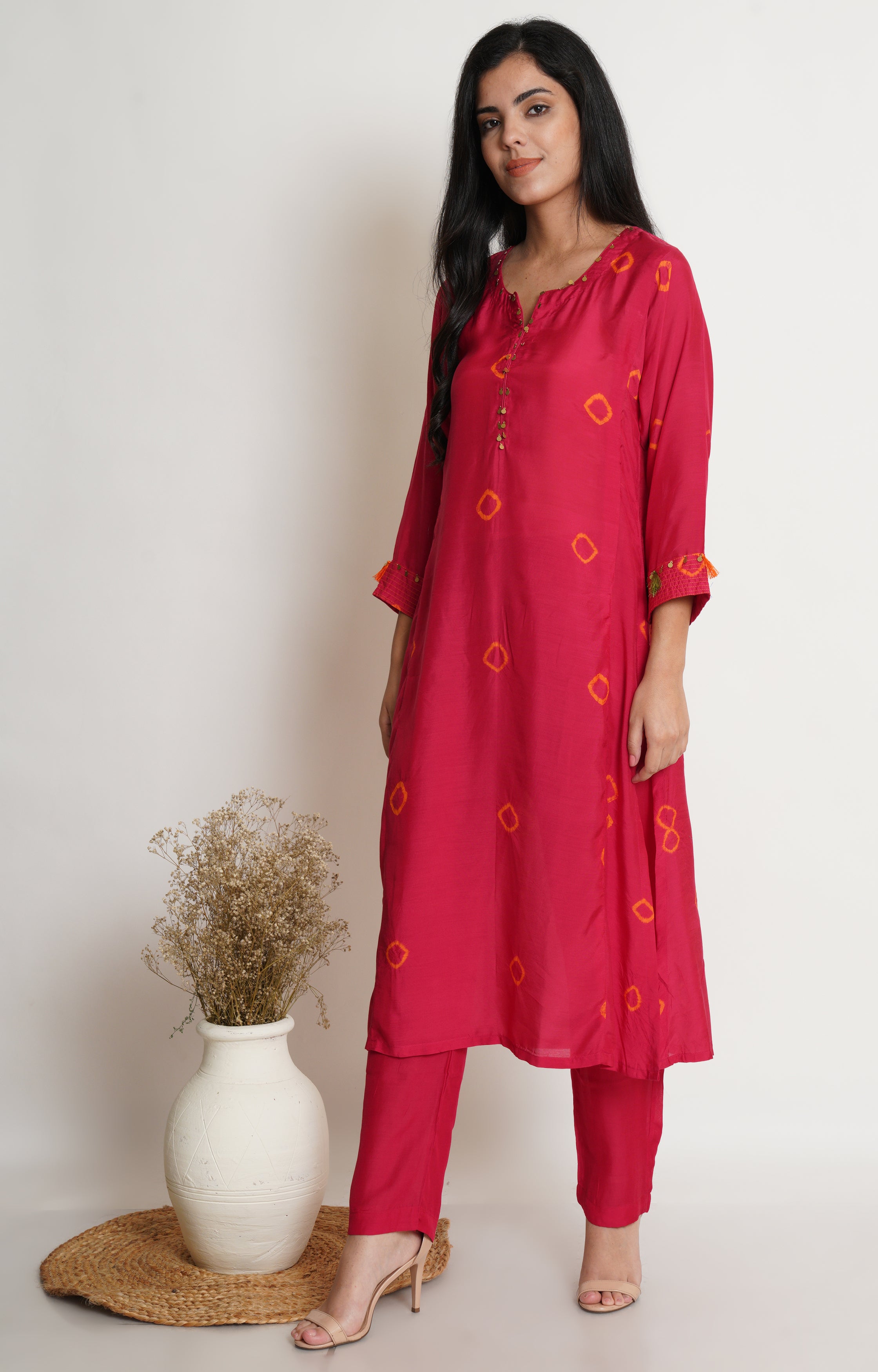 Pink Muslin Bandhani Kurta Set Of 2