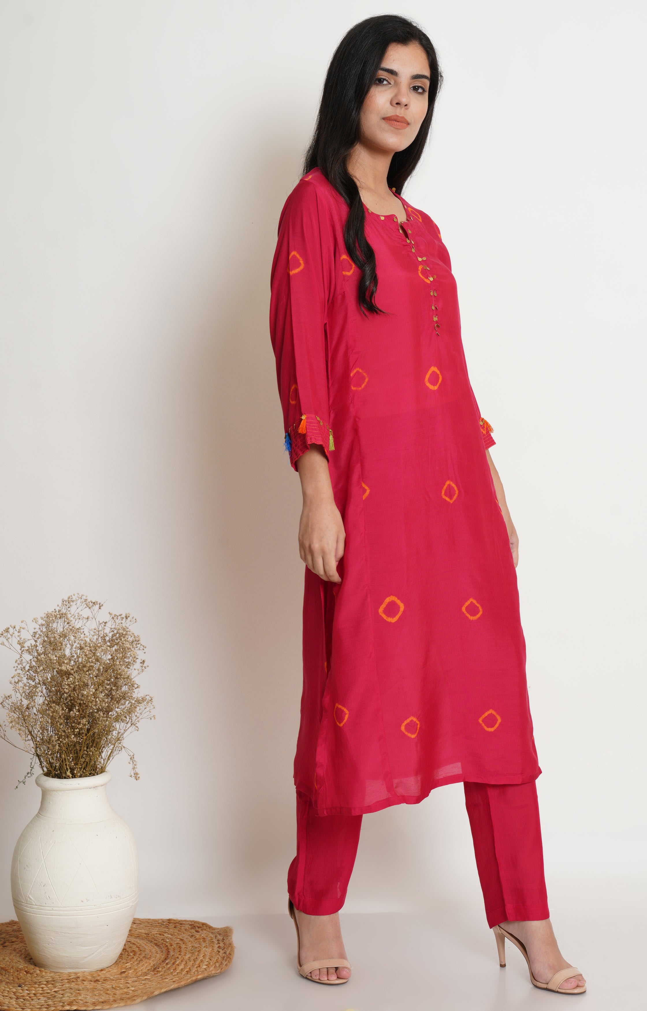 Pink Muslin Bandhani Kurta Set Of 2