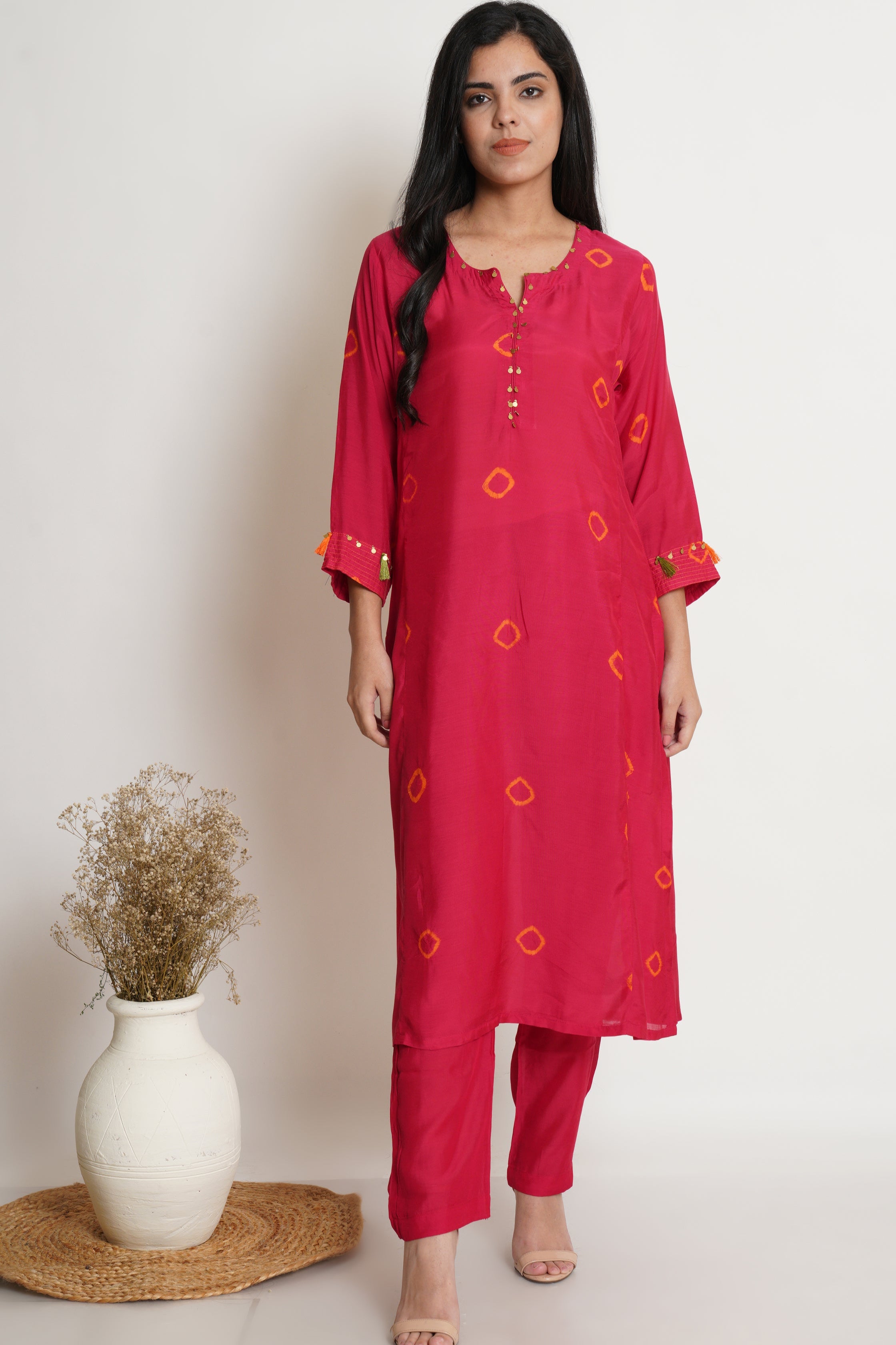 Pink Muslin Bandhani Kurta Set Of 2