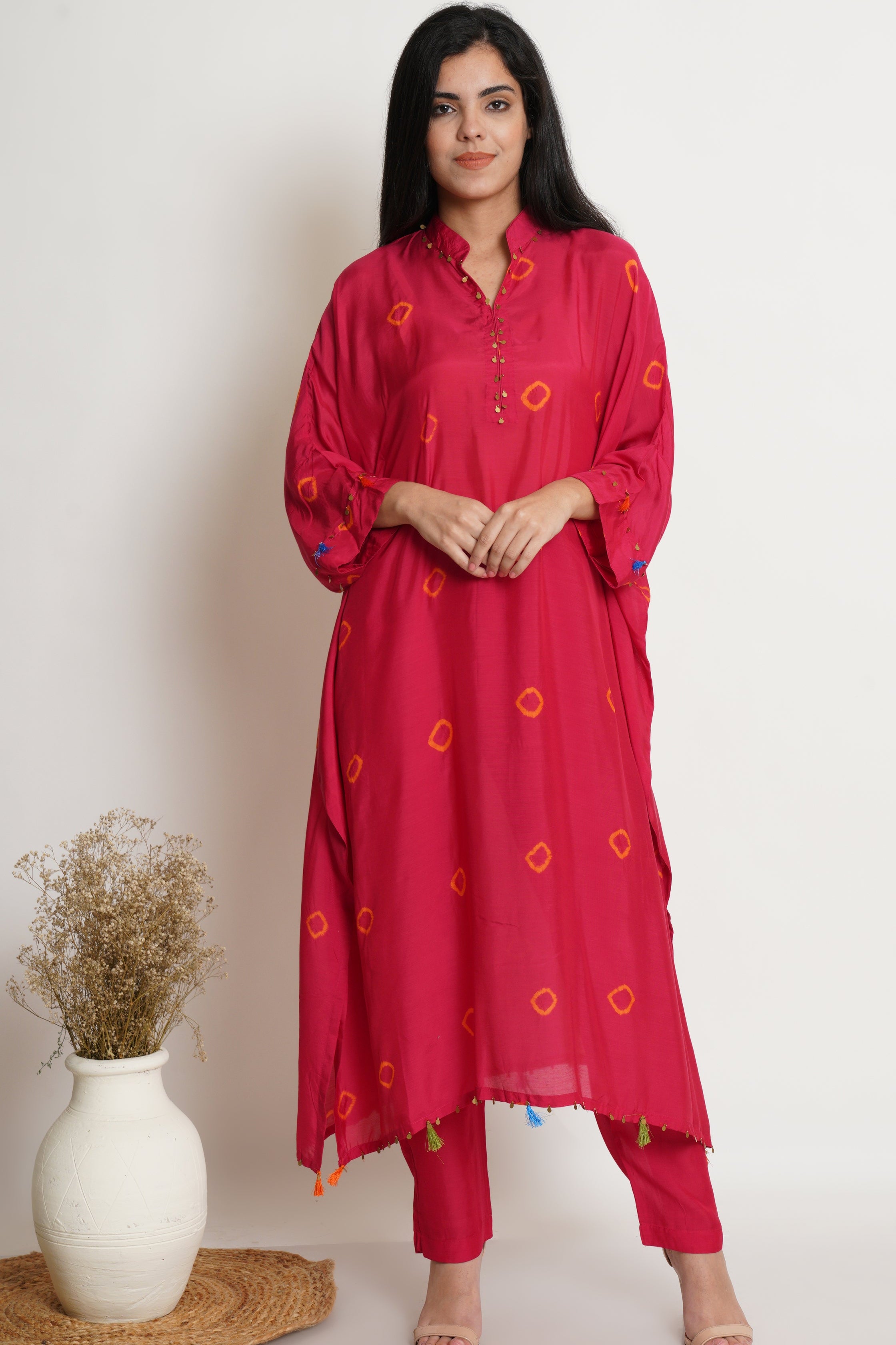 Pink Muslin Bandhani Kaftan Set Of 2