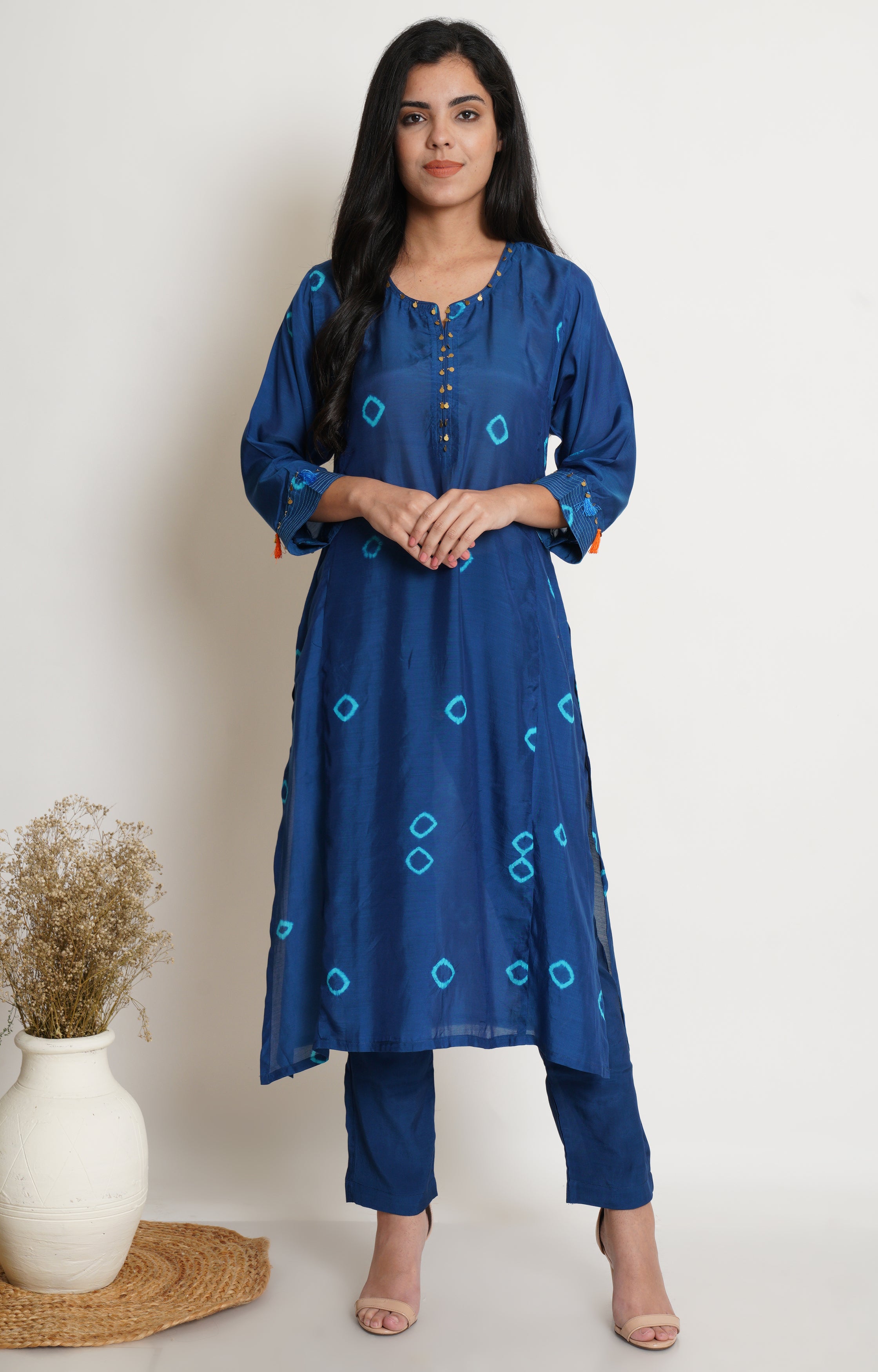 Blue Muslin Bandhani Kurta Set Of 2