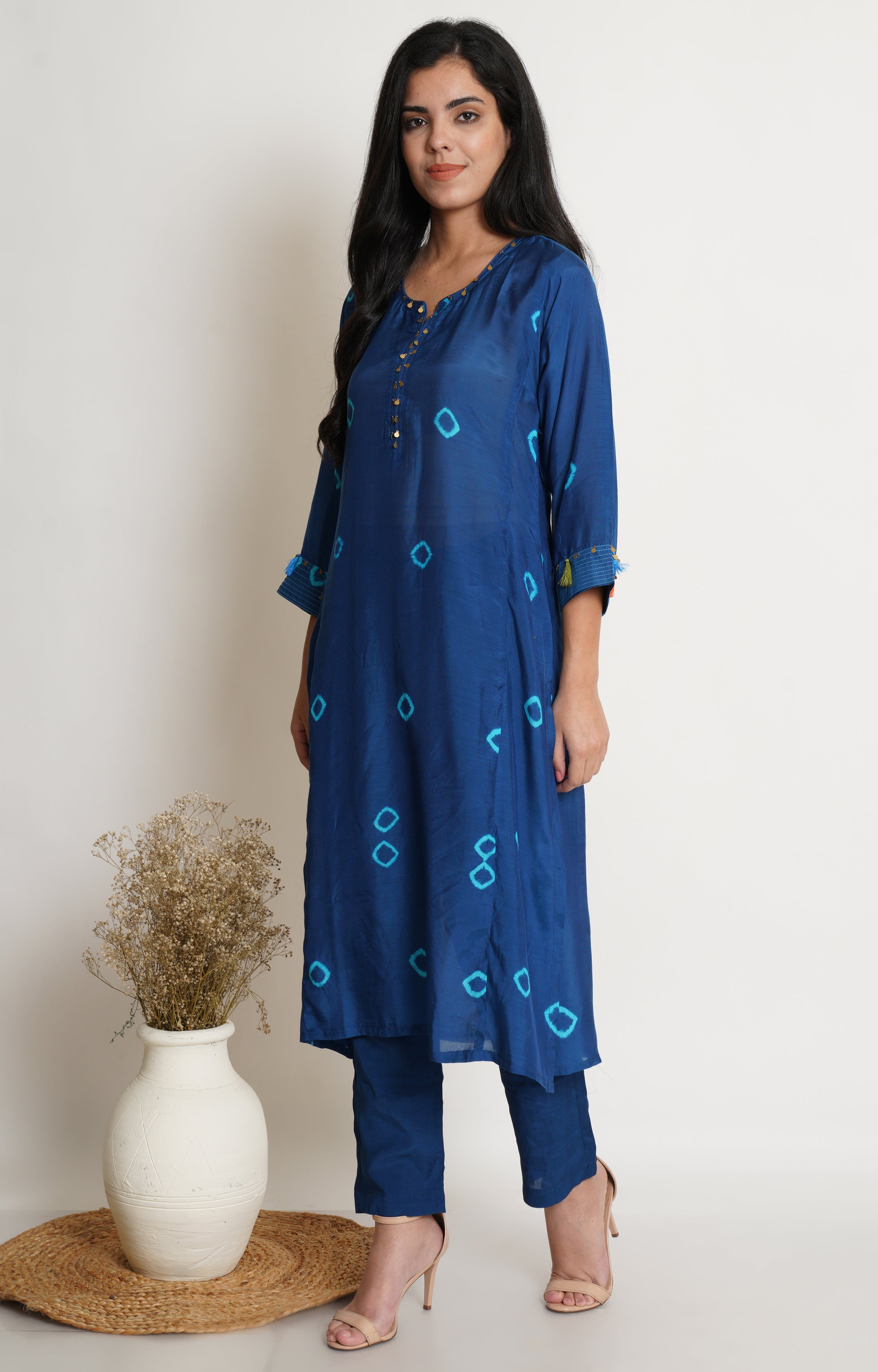Blue Muslin Bandhani Kurta Set Of 2