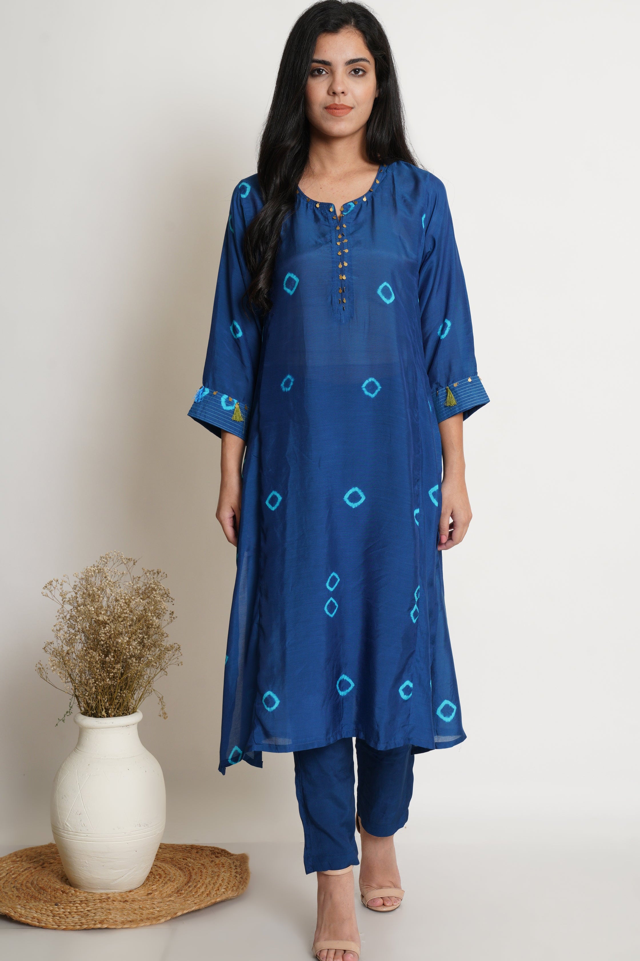 Blue Muslin Bandhani Kurta Set Of 2