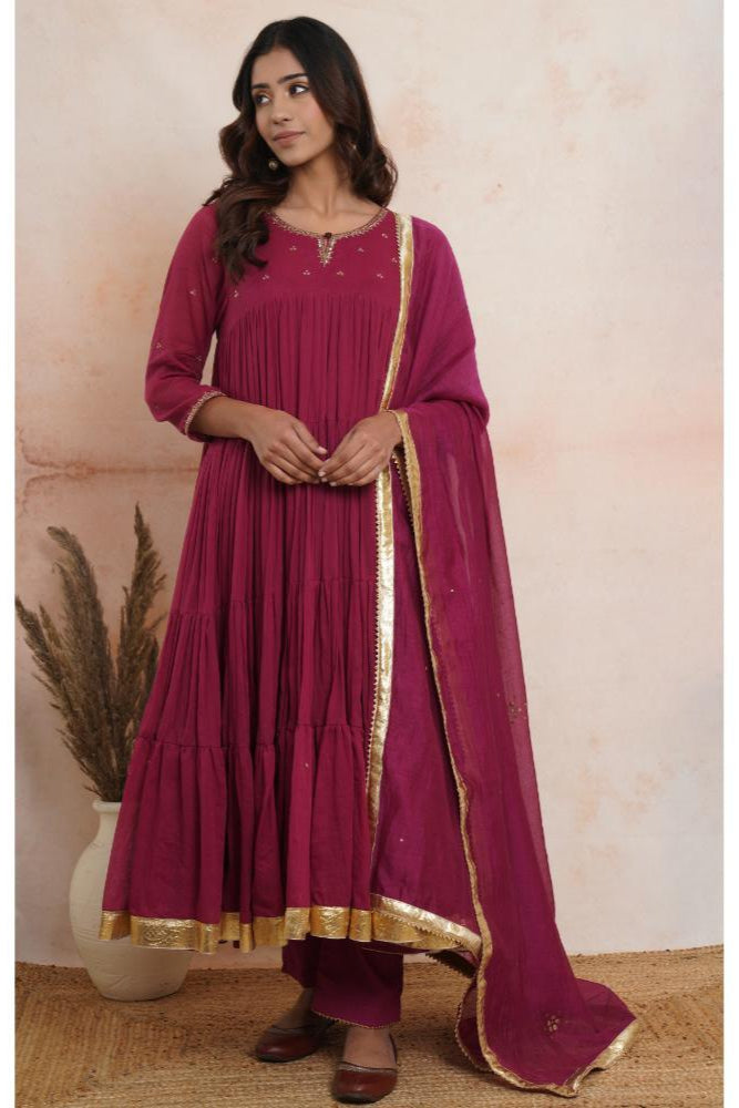 Wine Pink Layered Anarkali set of 3