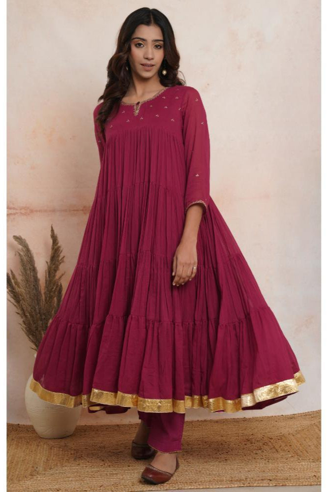 Wine Pink Layered Anarkali set of 3
