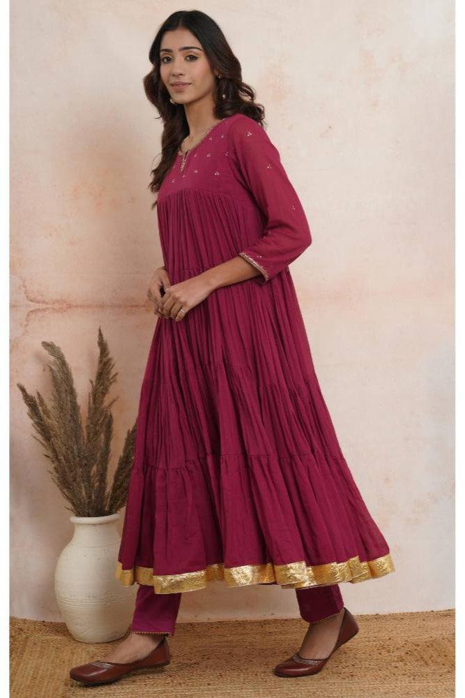 Wine Pink Layered Anarkali set of 3