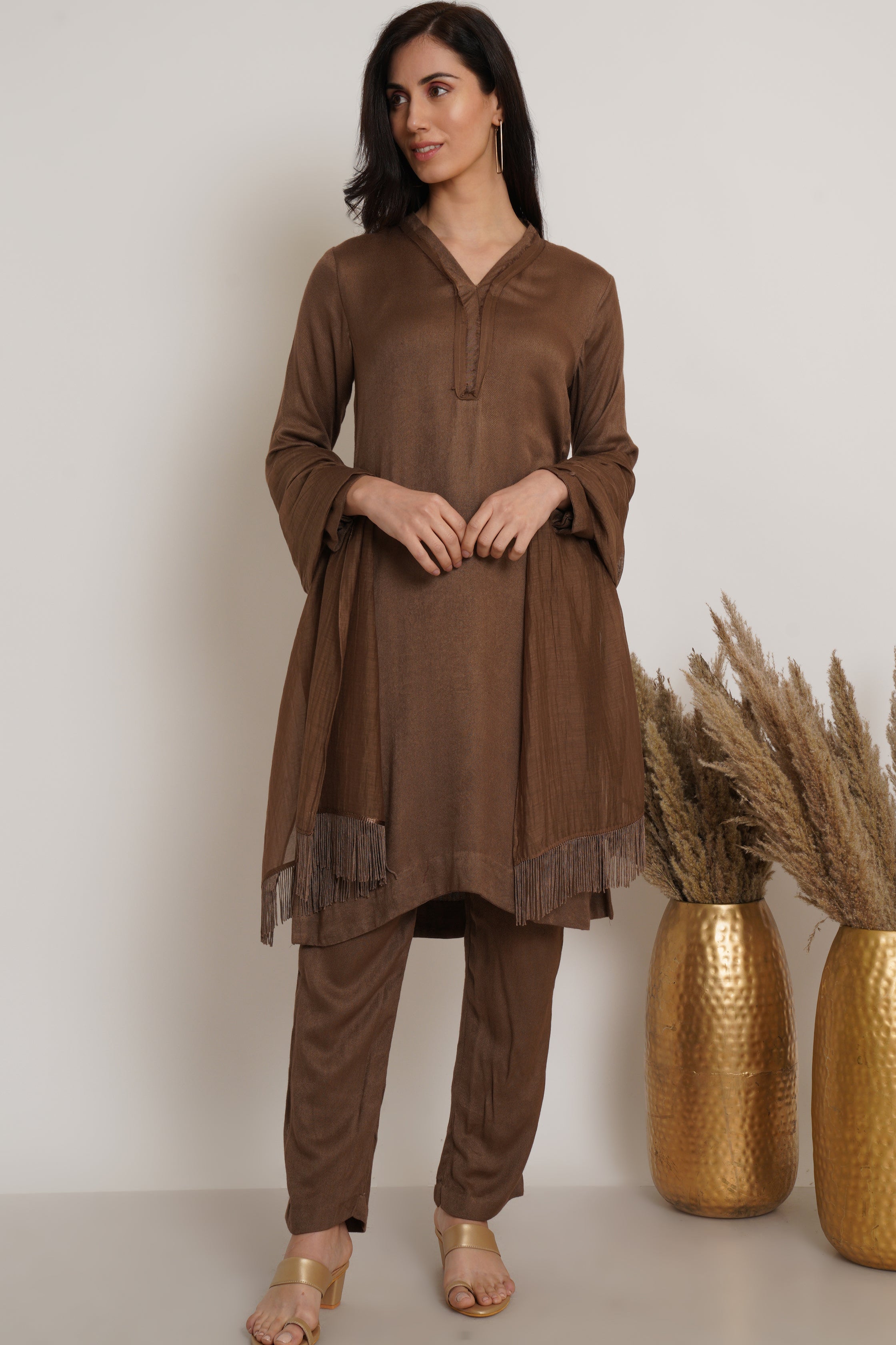 Brown Ruffle Plain Kurta Set Of 2