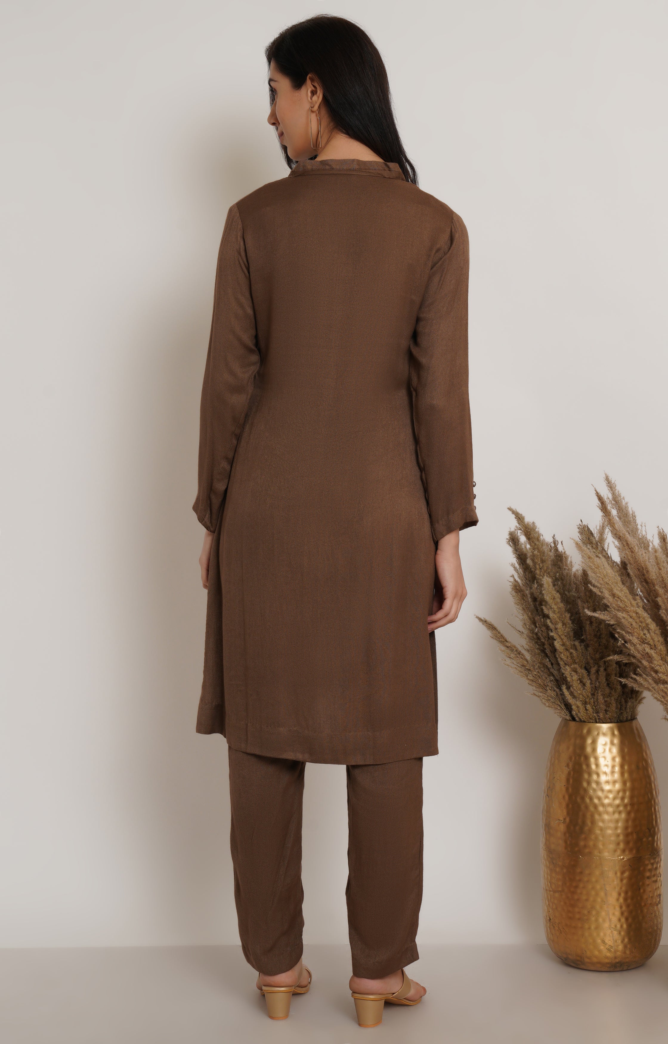 Brown Ruffle Plain Kurta Set Of 2