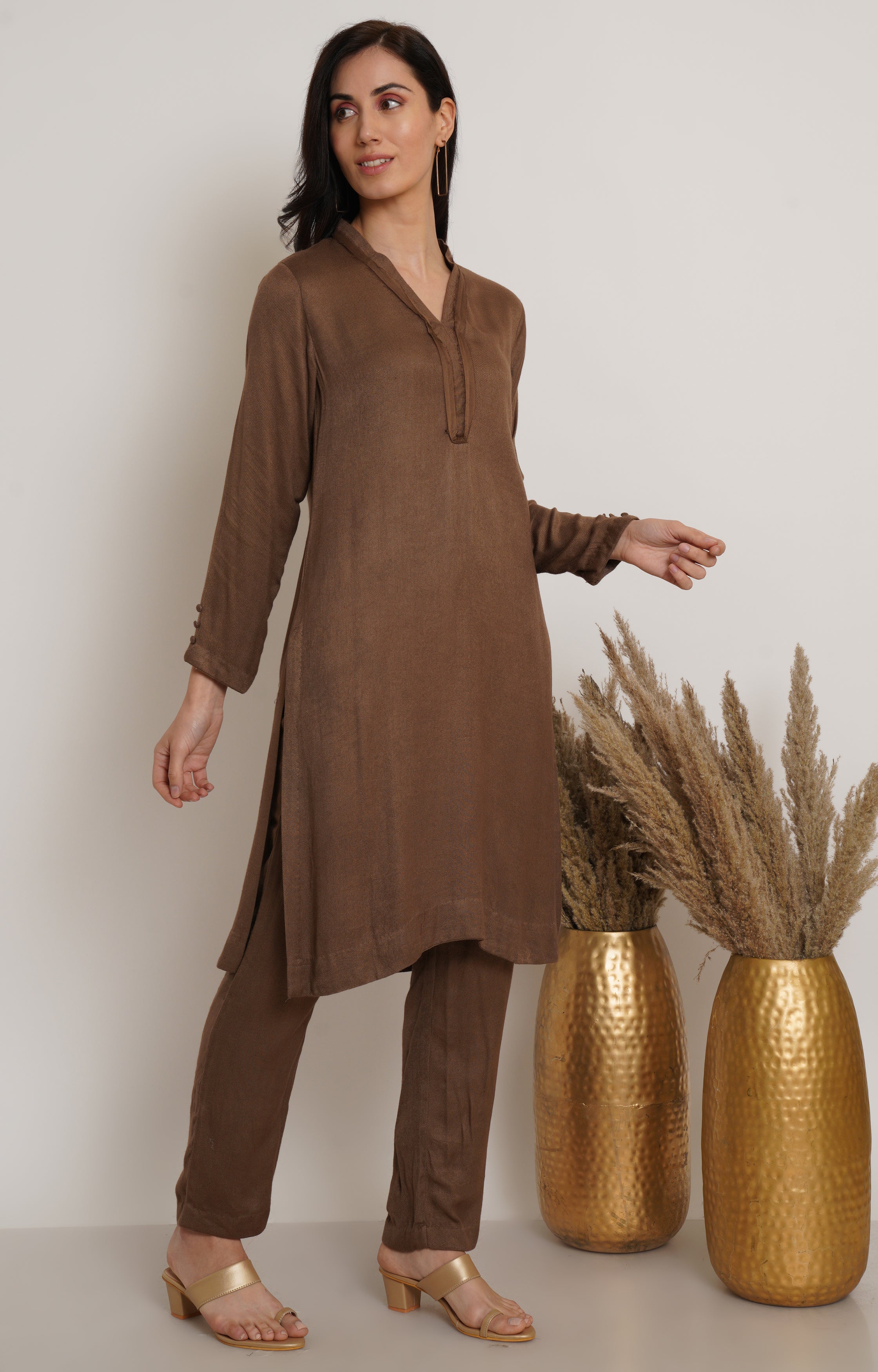 Brown Ruffle Plain Kurta Set Of 2