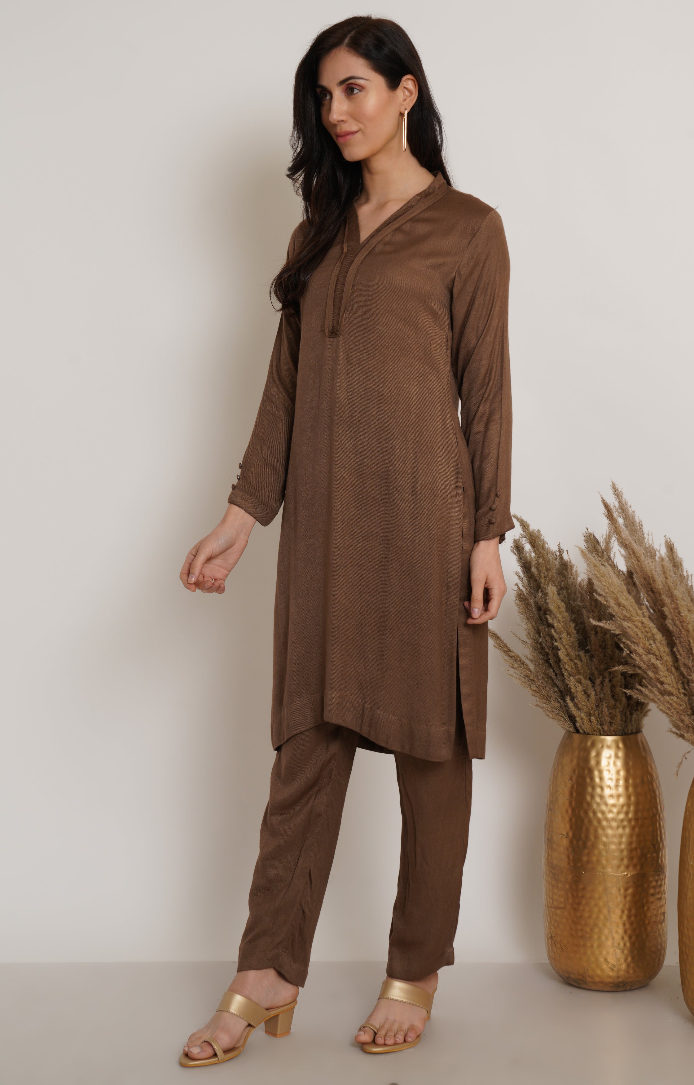 Brown Ruffle Plain Kurta Set Of 2