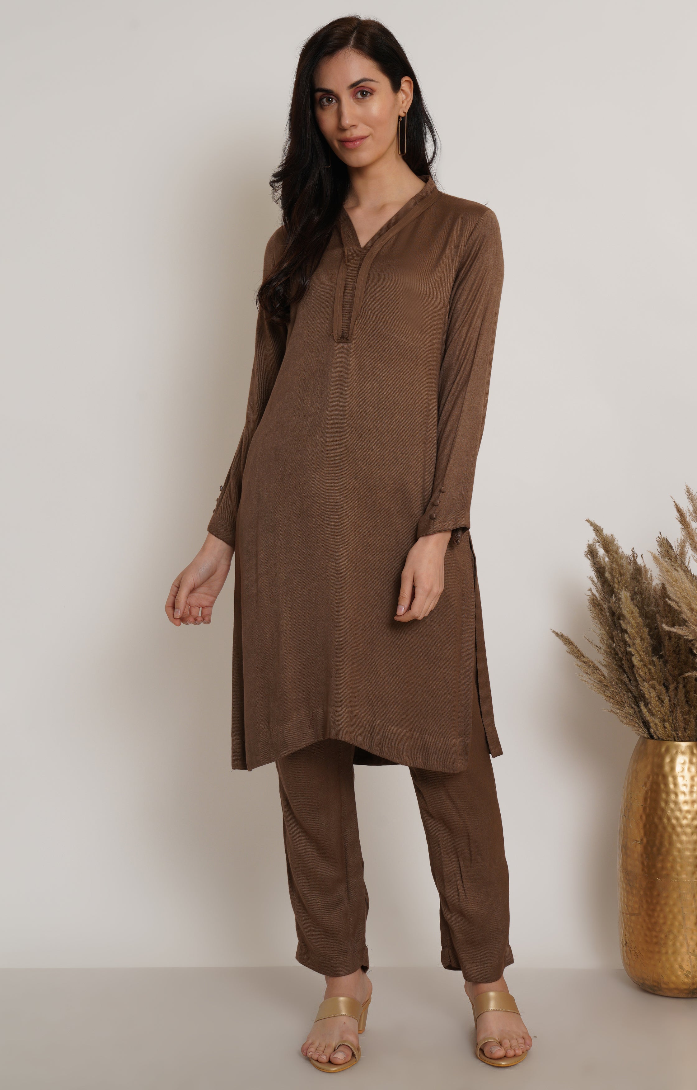 Brown Ruffle Plain Kurta Set Of 2