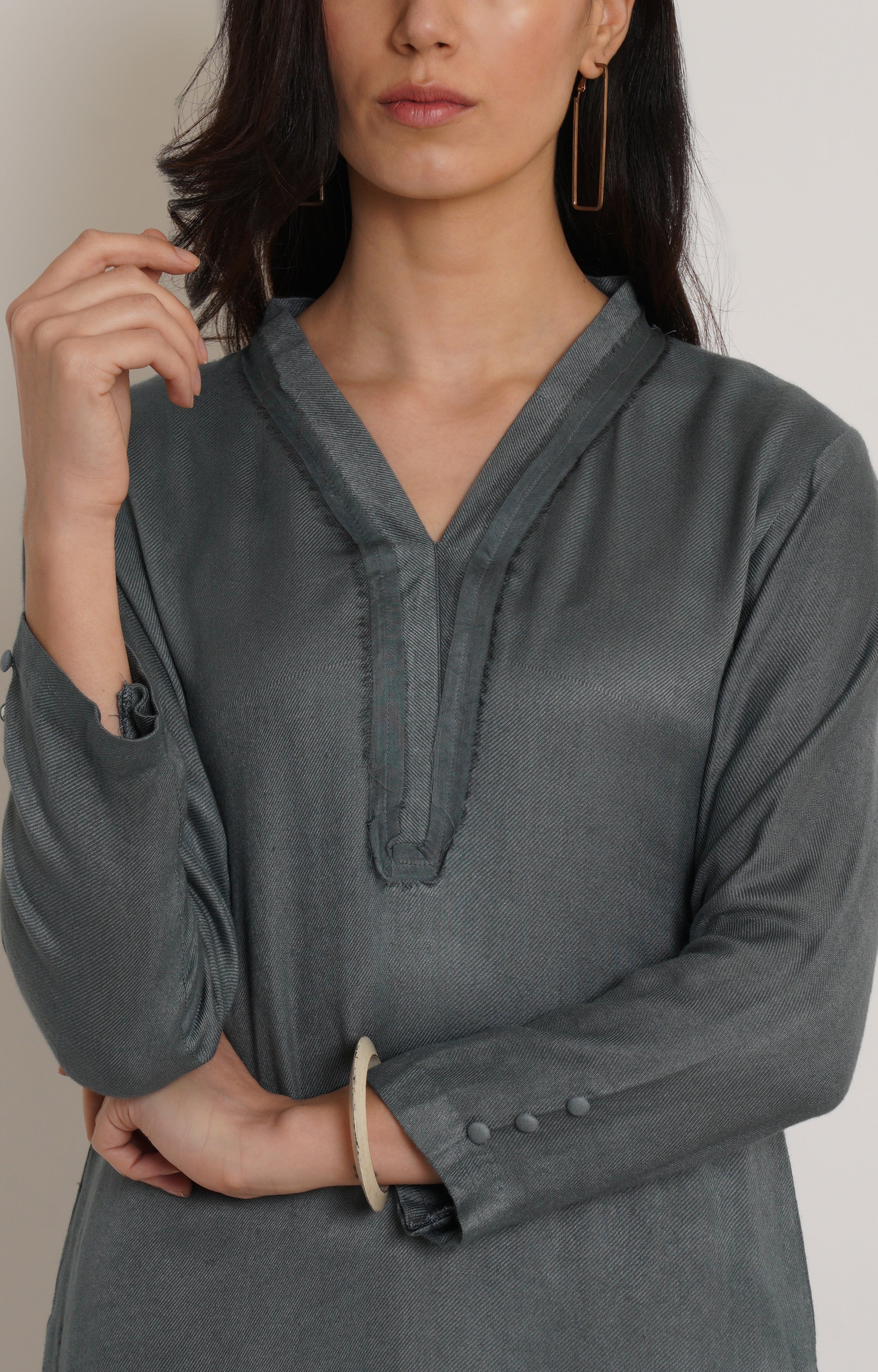 Grey Ruffle Plain Kurta Set Of 2