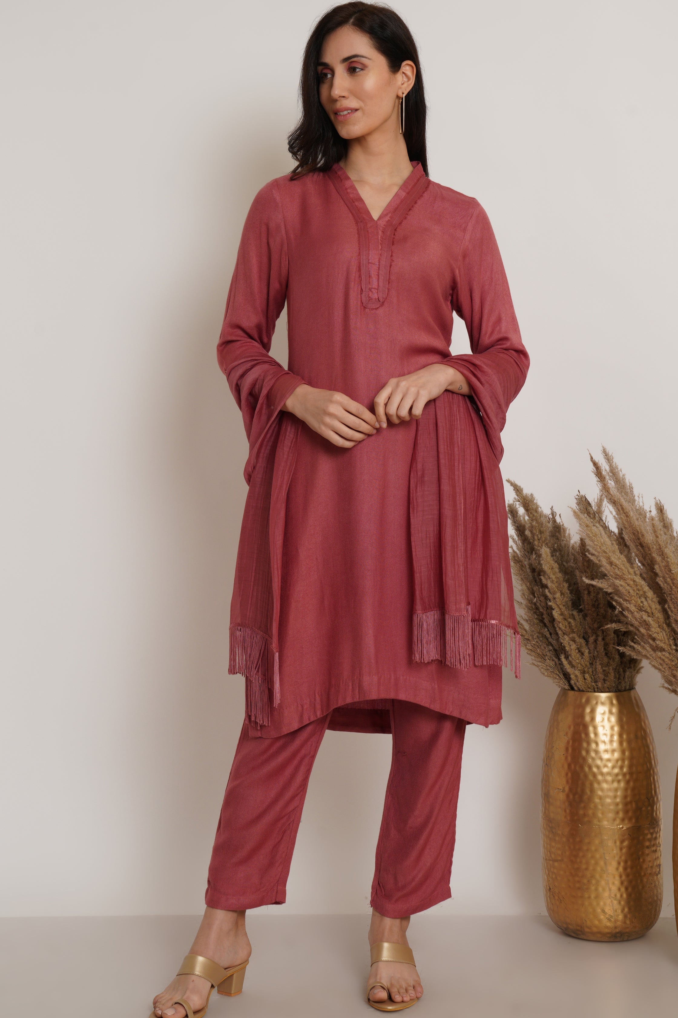 Pink Ruffle Plain Kurta Set Of 2