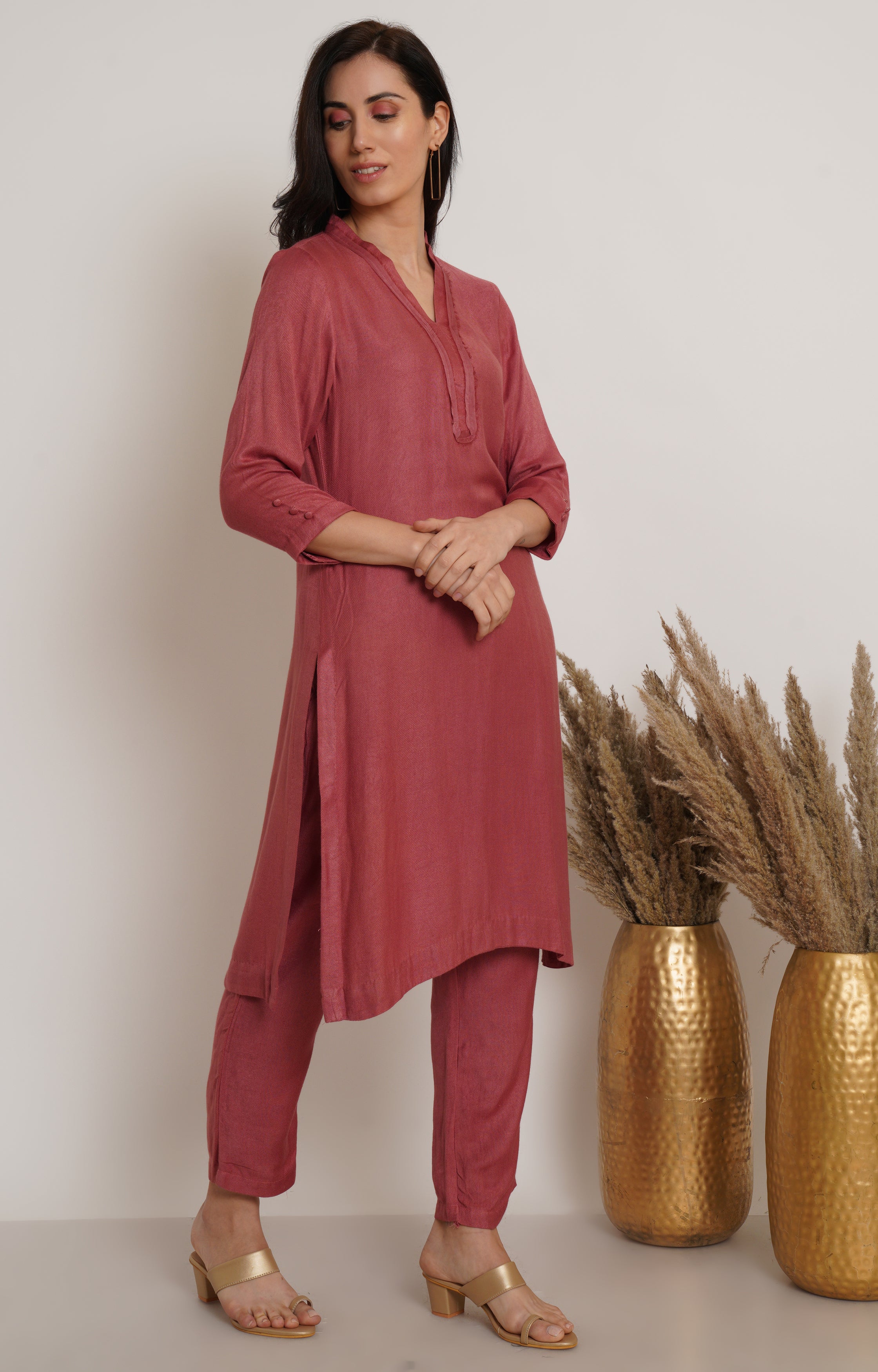 Pink Ruffle Plain Kurta Set Of 2