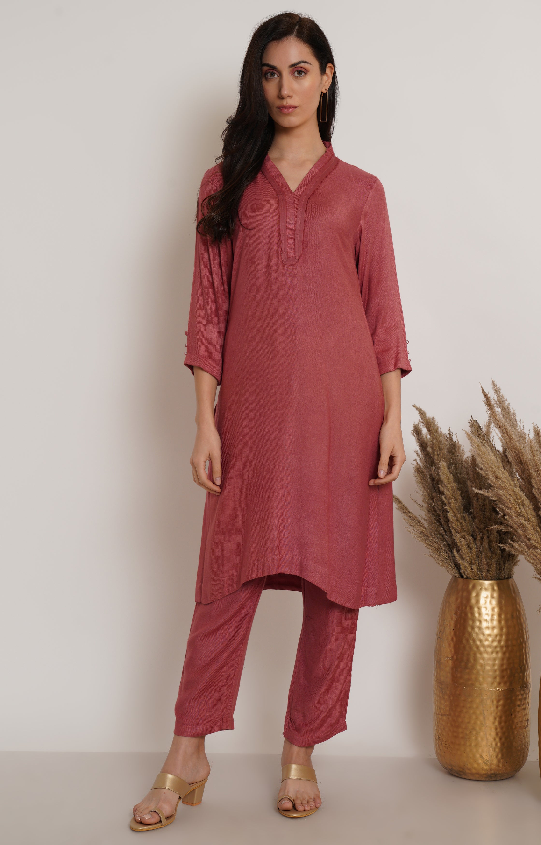 Pink Ruffle Plain Kurta Set Of 2
