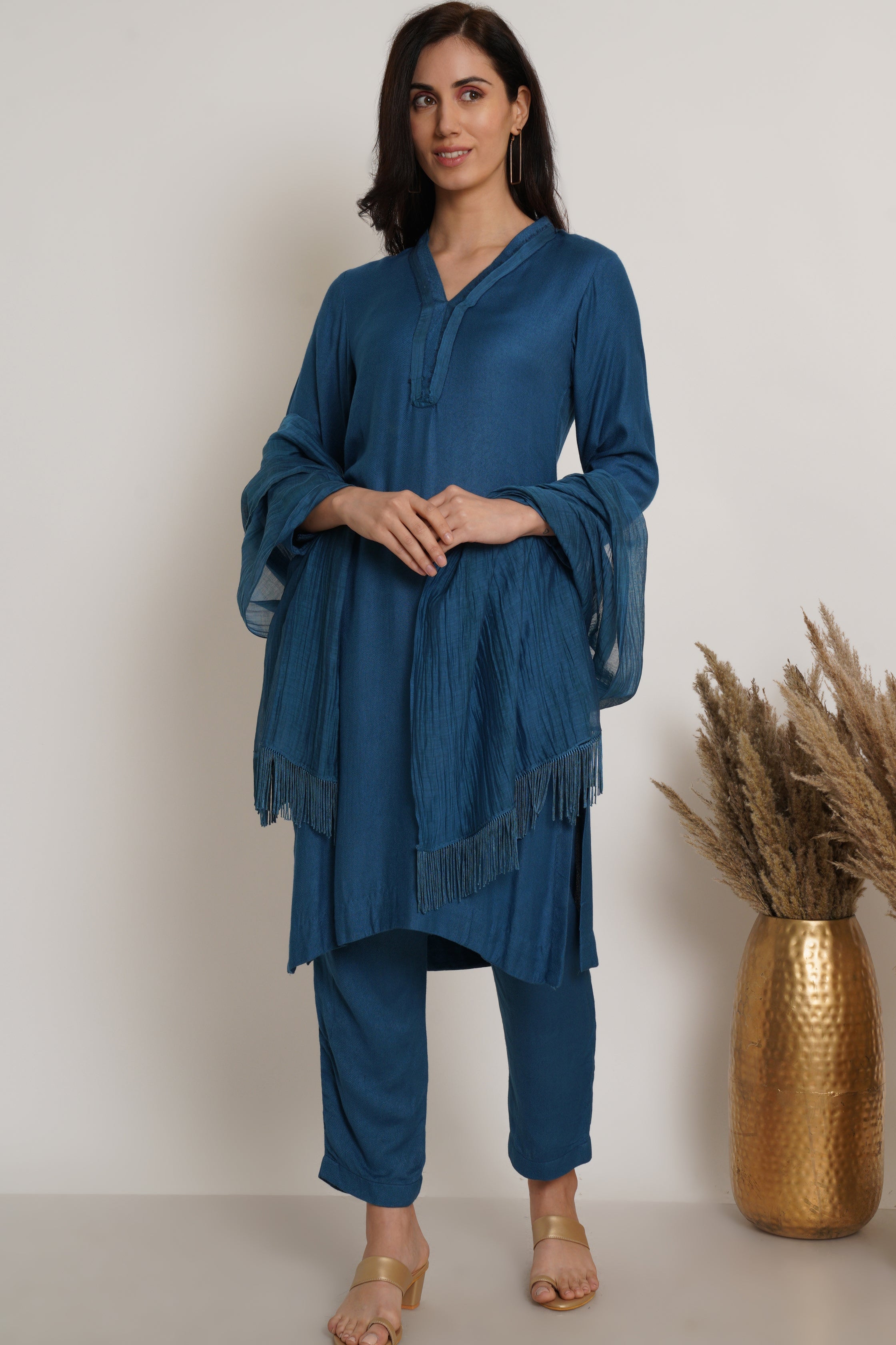 Blue Ruffle Plain Kurta Set Of 2