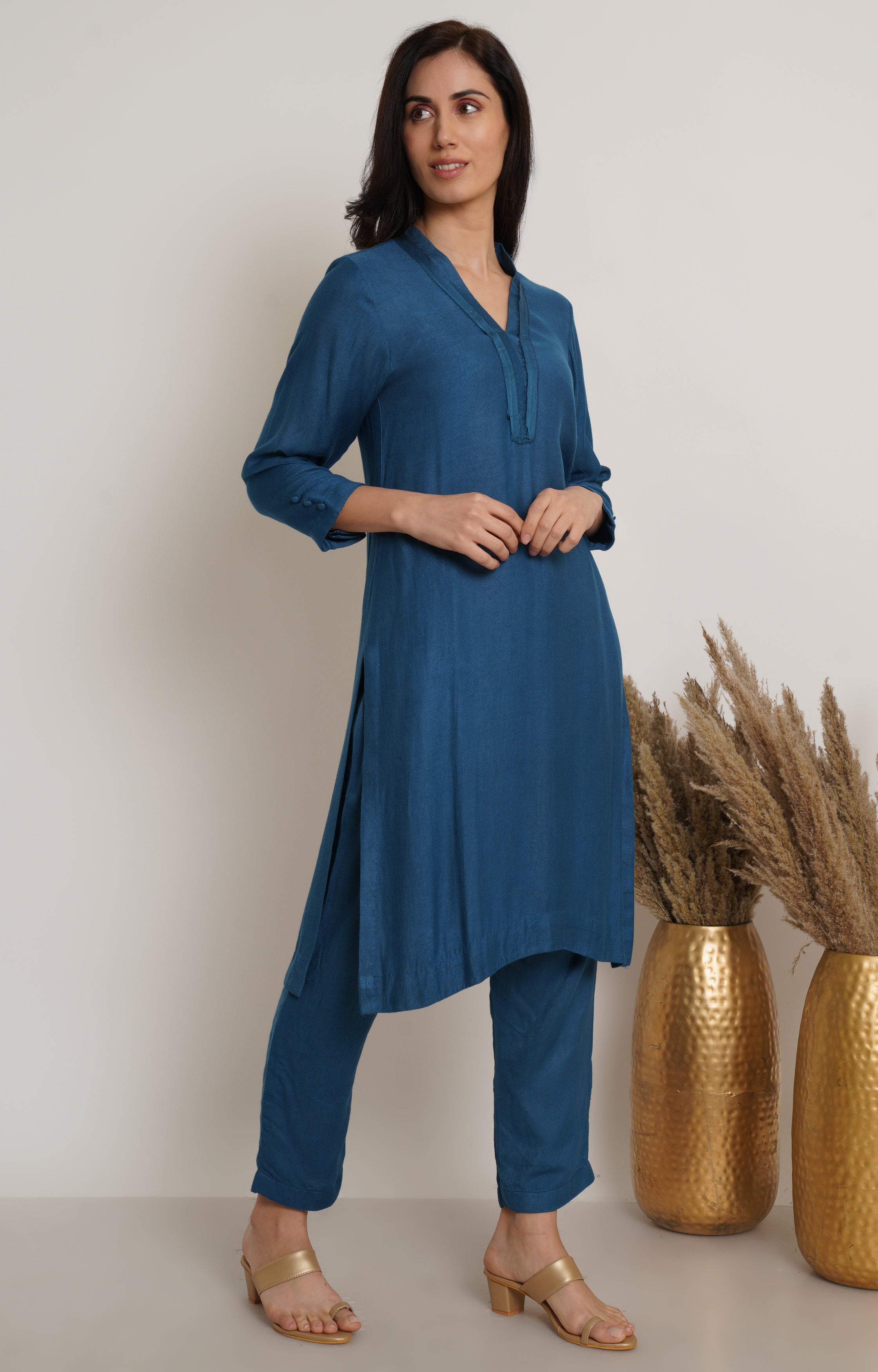 Blue Ruffle Plain Kurta Set Of 2